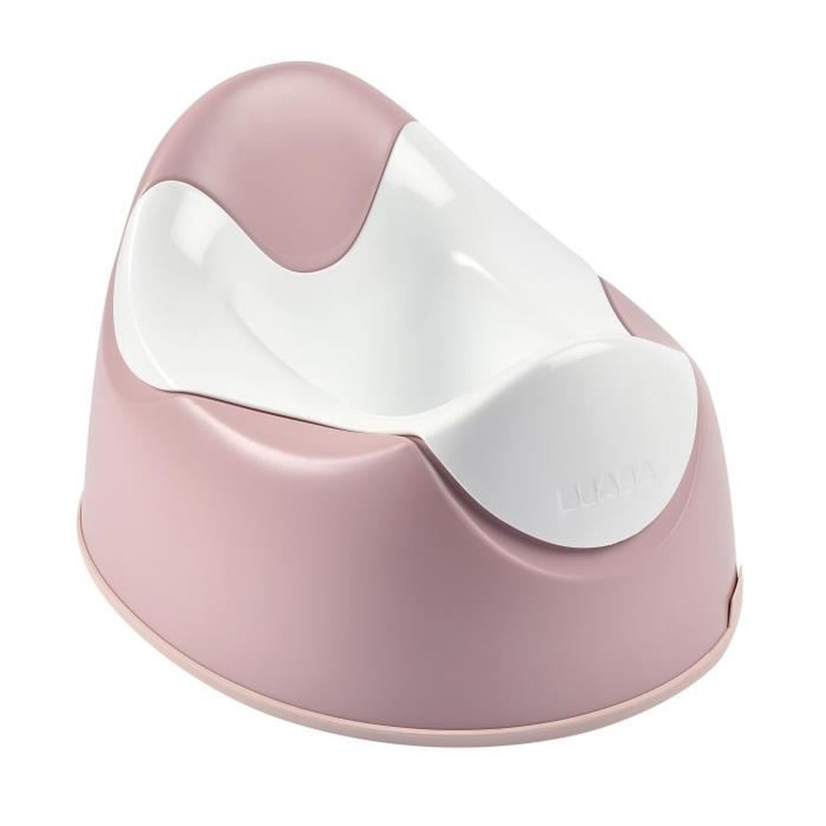 Rosa und weiße Baby-Töpfchen mit geschwungenem Sitzdesign.