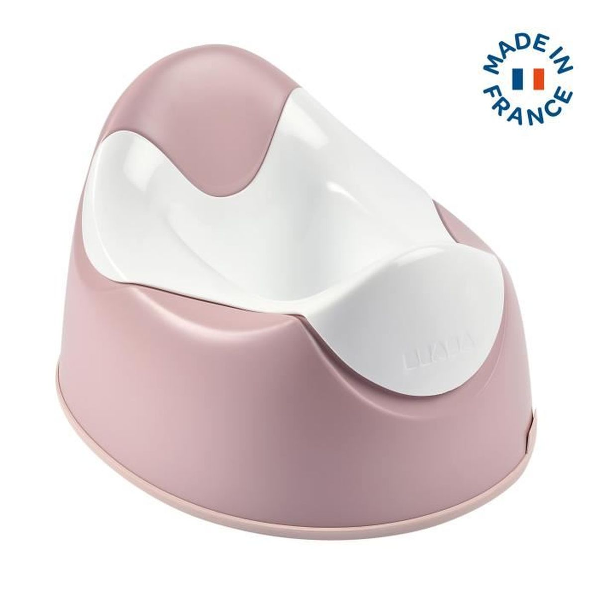 Rosa-weißer Töpfchen mit abgerundetem Design und Etikett 'Made in France'.