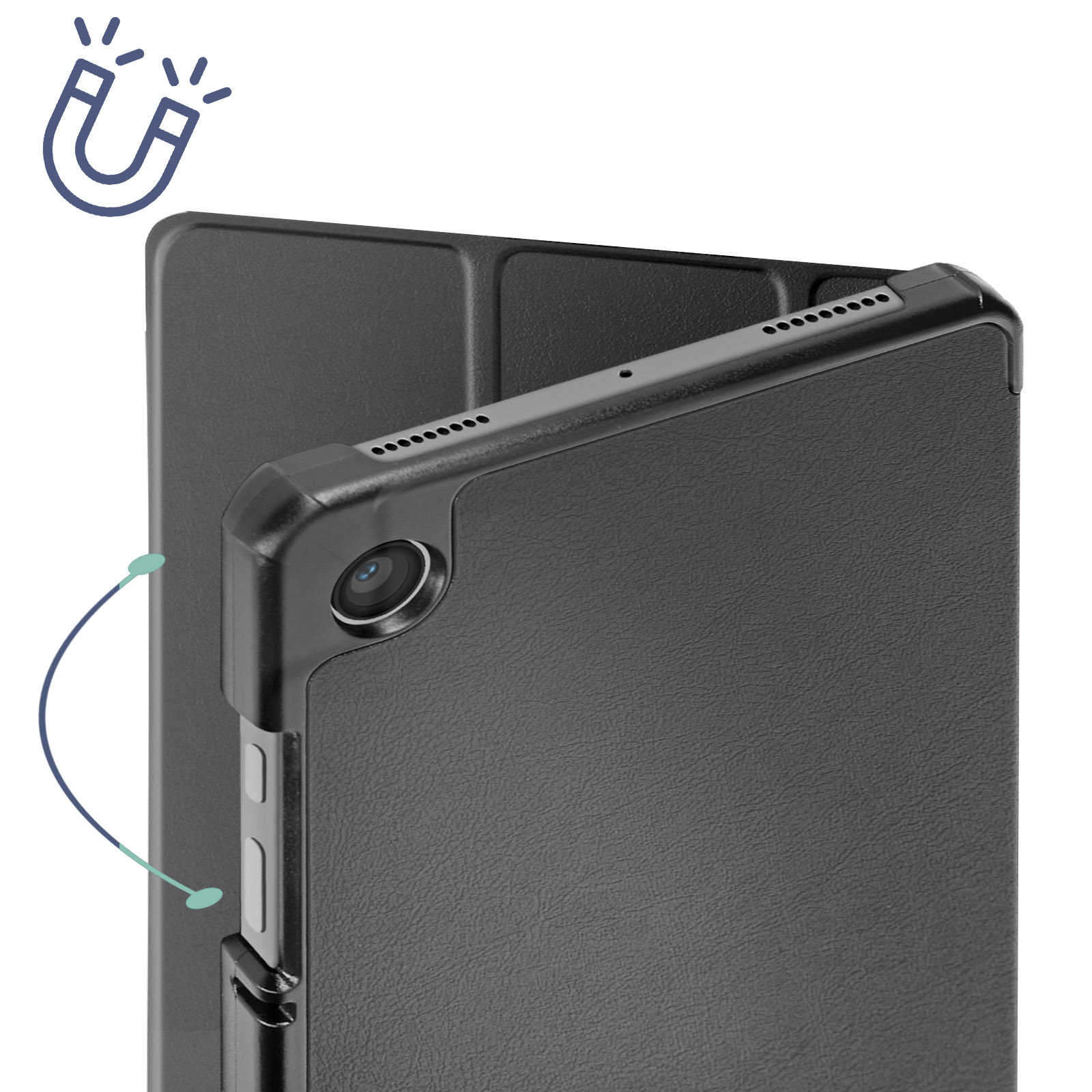 Tablet nero con custodia, attacco magnetico mostrato. Sfondo bianco.
