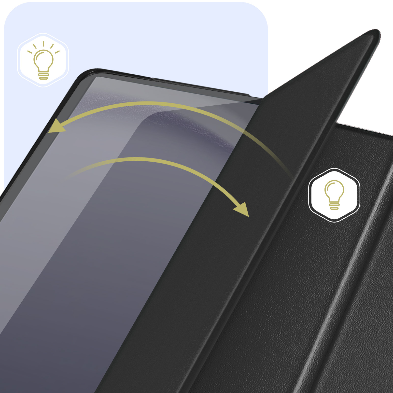 Una custodia per tablet nera, aperta per rivelare lo schermo. Le icone delle lampadine gialle vengono visualizzate con le frecce.