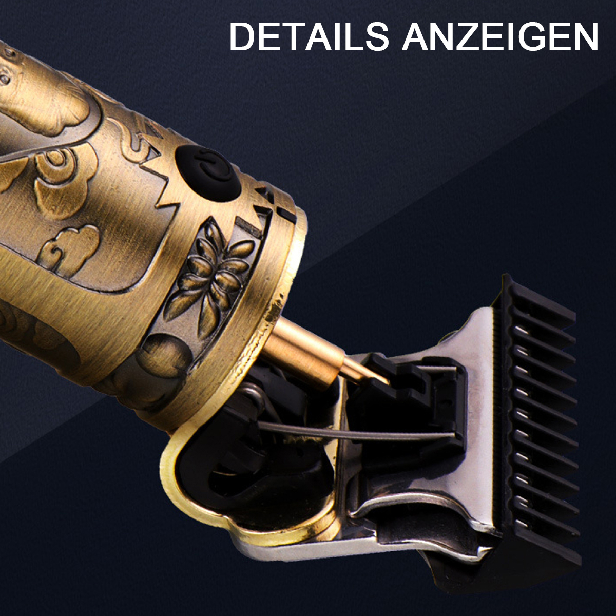 Nahaufnahme eines gold- und dunkelmetallfarbenen Haarschneiders. Zeigt Schneidklinge und dekorative Details am Griff.
