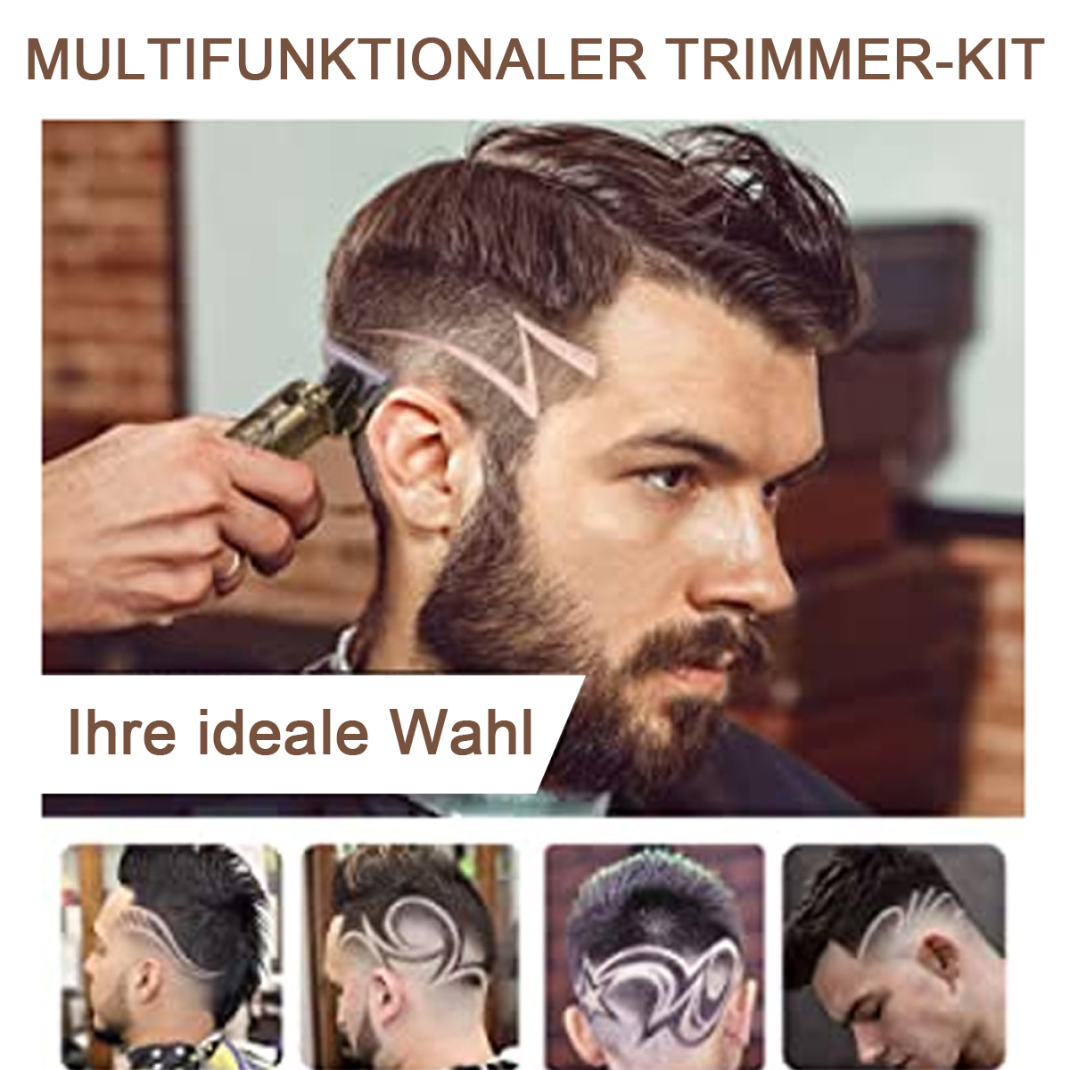 Ein Mann bekommt einen Haarschnitt. Unter dem Gesicht des Mannes sind mehrere Frisuren abgebildet.
