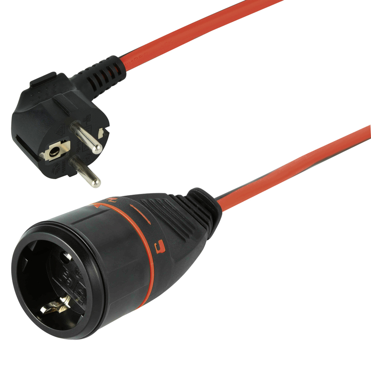 Rotes und schwarzes Netzkabel mit gewinkeltem Stecker und Steckdose.