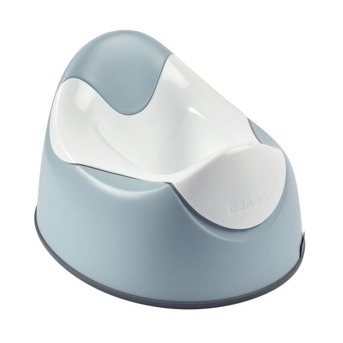 Ein blau-weißes Baby-Töpfchen. Es hat eine abgerundete Form mit einem konturierten Sitz.
