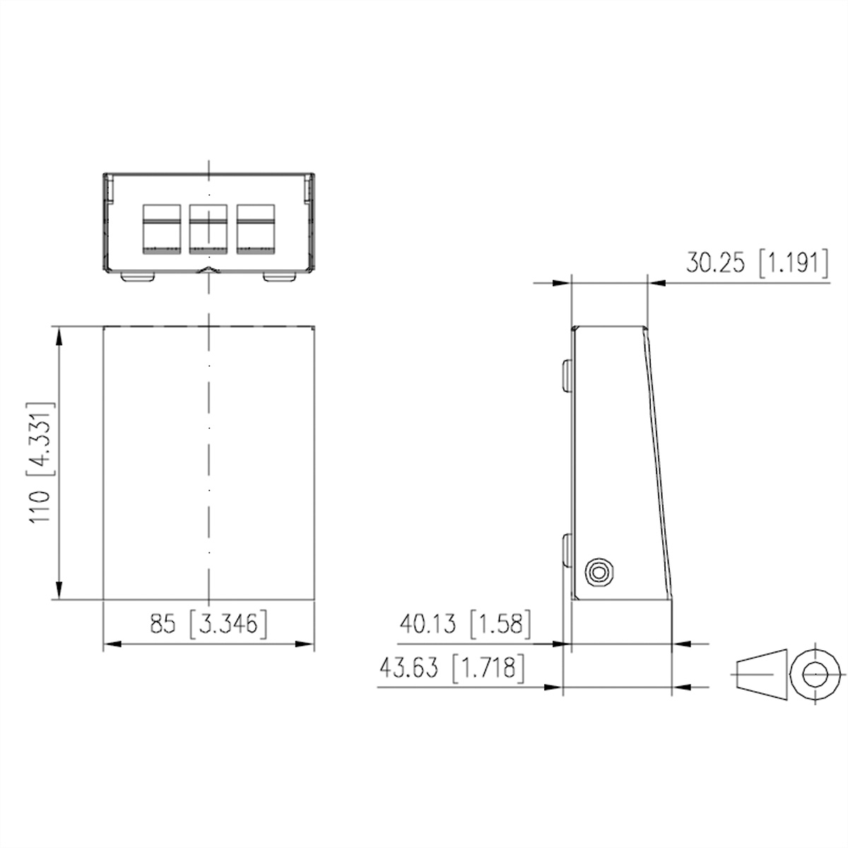 Dessin technique montrant les dimensions d'un objet rectangulaire en trois vues.