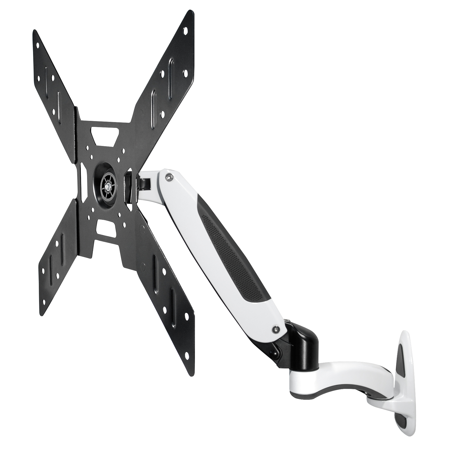 TV-Wandhalterung, schwarz und weiß, mit verstellbarem Arm und Montagematerial.