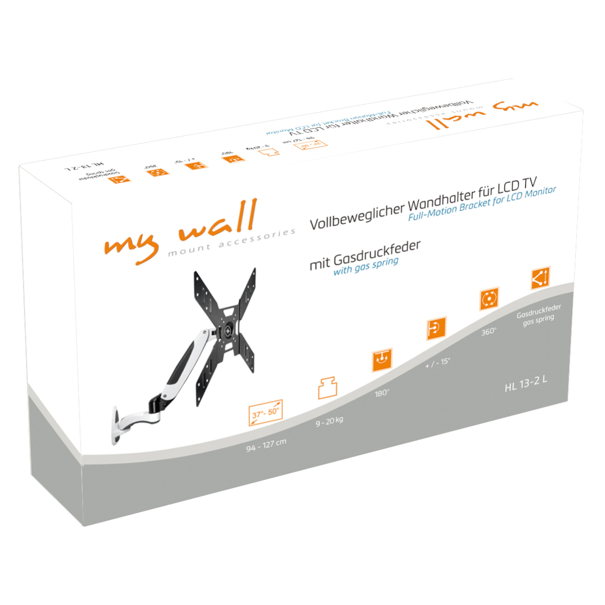 Eine weiße und graue Box für eine voll bewegliche Halterung für LCD-Fernseher. Text und Illustrationen auf der Box.