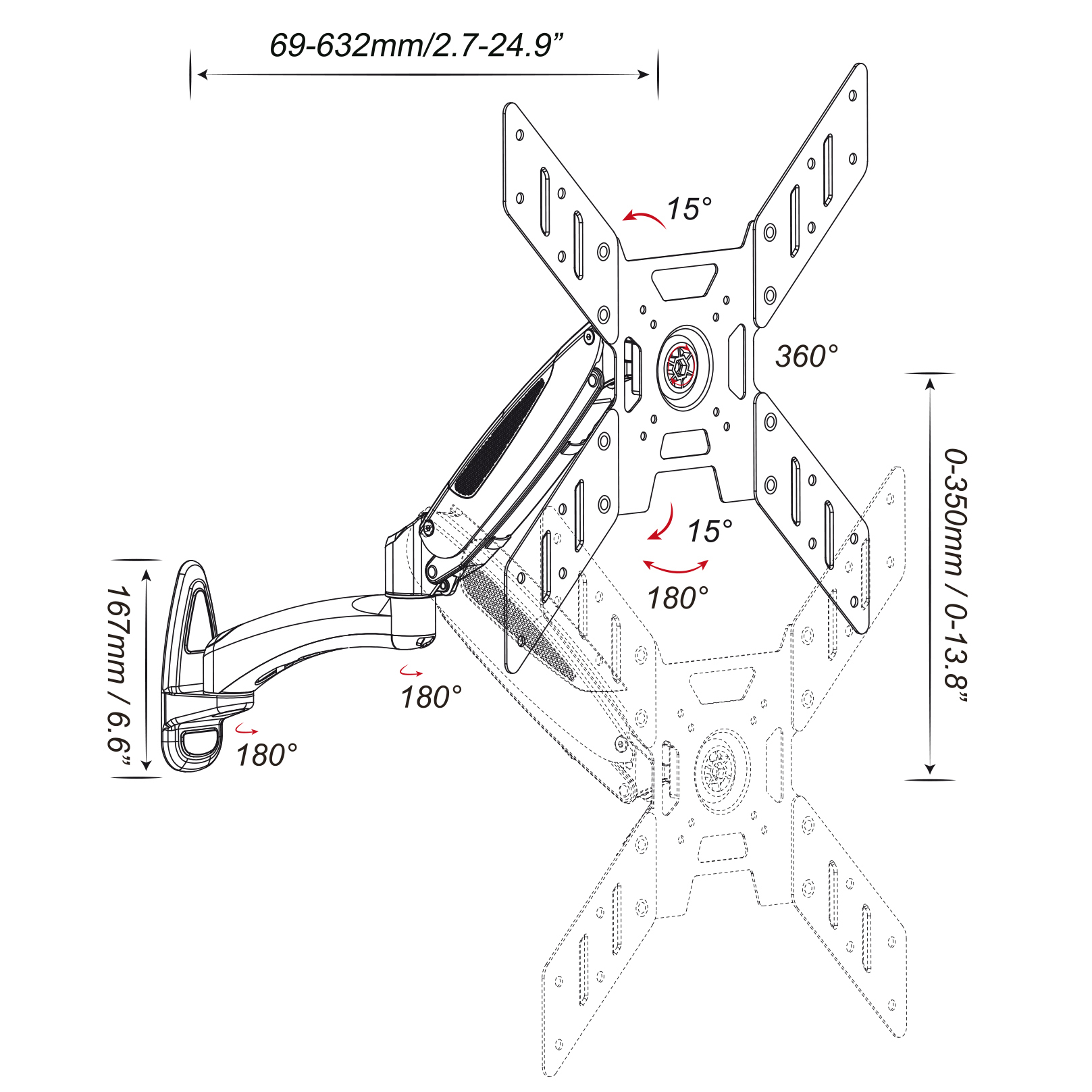 Detailliertes Diagramm einer TV-Halterung, das Abmessungen und verschiedene Einstellwinkel zeigt.