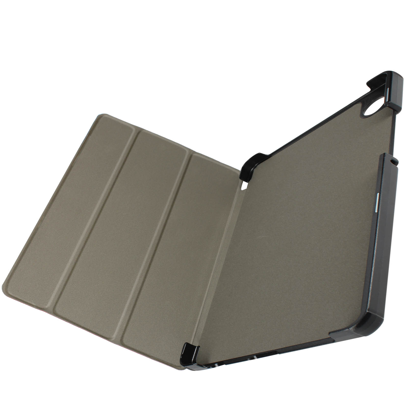Una custodia per tablet aperta con interno grigio e cornice nera.
