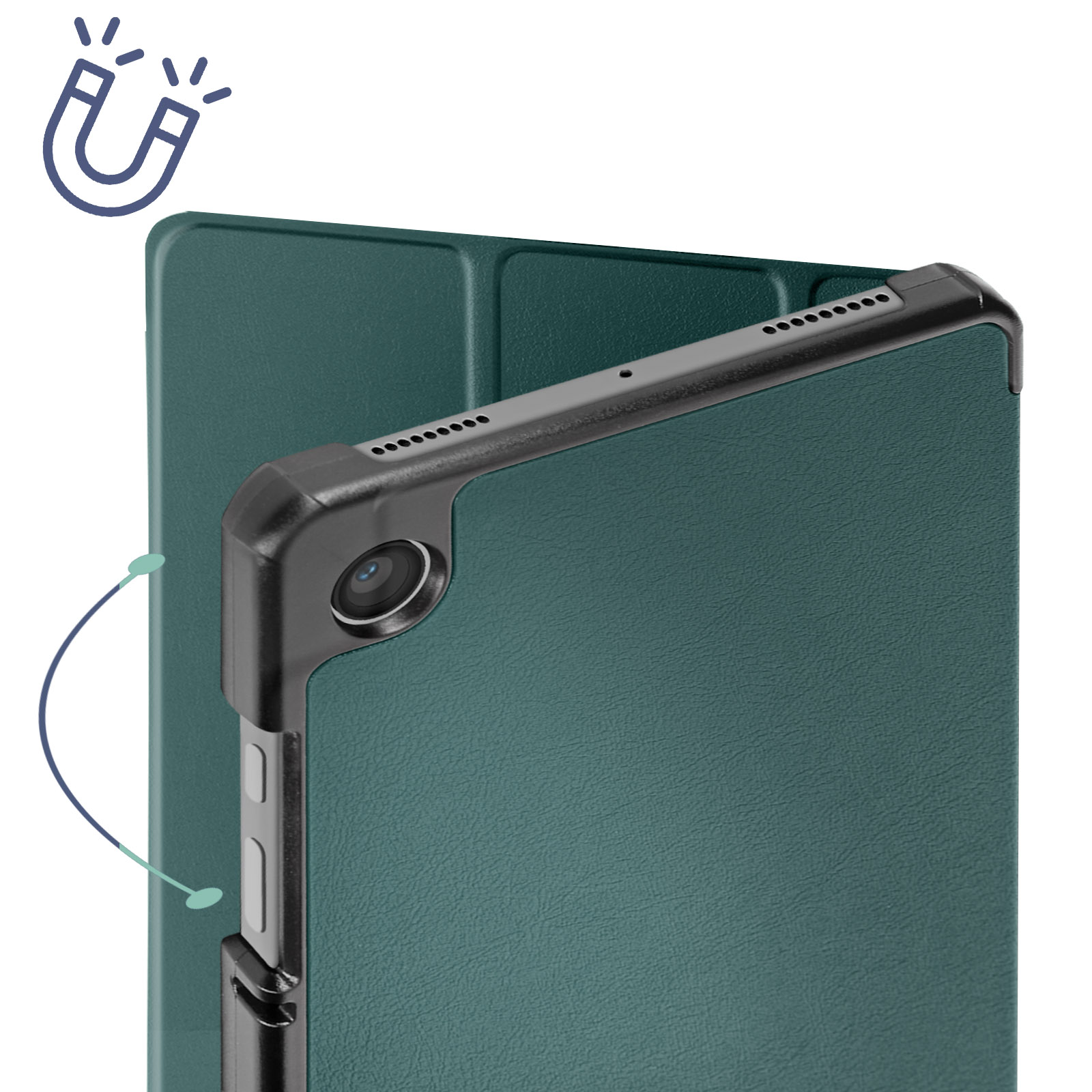 Una custodia per tablet verde. Una fotocamera è visibile sull'angolo della custodia con il simbolo del magnete.