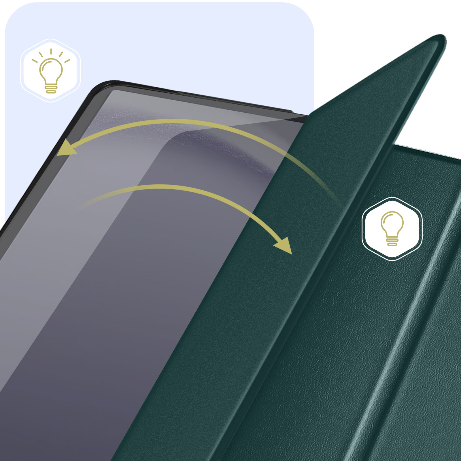 Custodia per tablet verde scuro che si apre, con icone di lampadine che indicano l'azione.