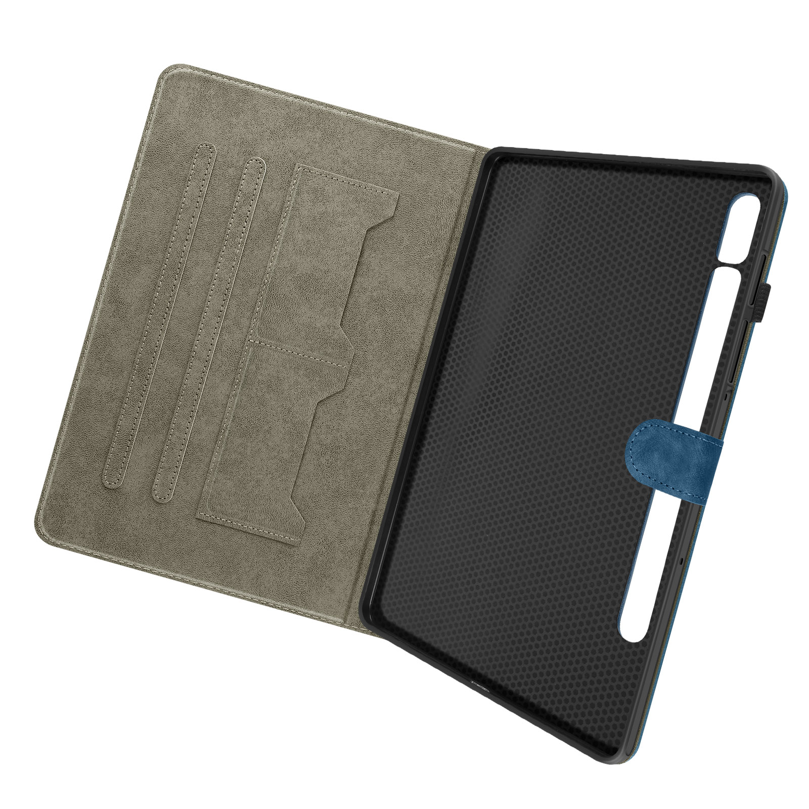 Custodia per tablet aperta. Esterno grigio, chiusura blu e interno nero con tasche e tablet.