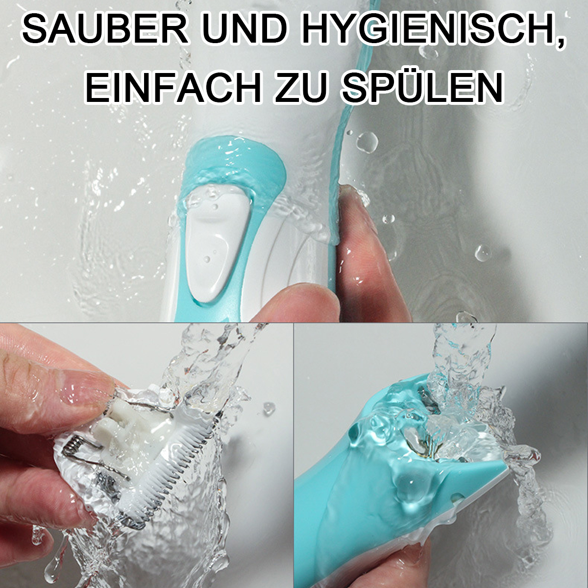 Nahaufnahmen eines Reinigungsgeräts, das mit Wasser gereinigt wird. Text: „Sauber und hygienisch, einfach zu spülen“.