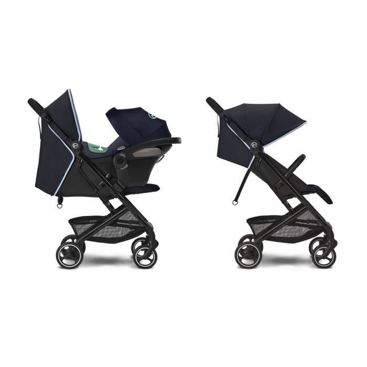 Zwei marineblaue Kinderwagen auf weißer Oberfläche. Einer mit Sitz, einer gefaltet.