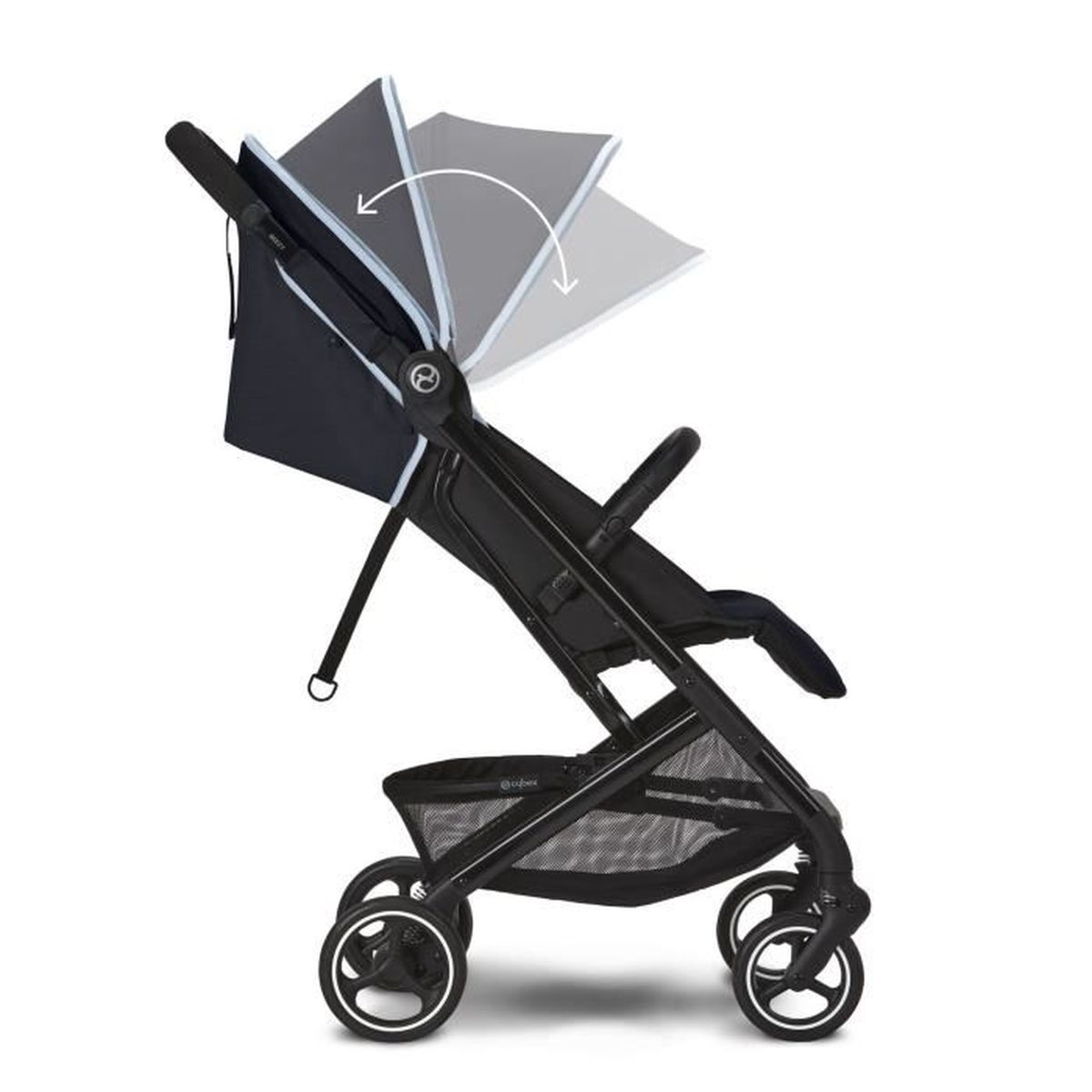 Schwarzer Kinderwagen mit Sonnenblende in mehreren Positionen, mit Korb unter dem Sitz.