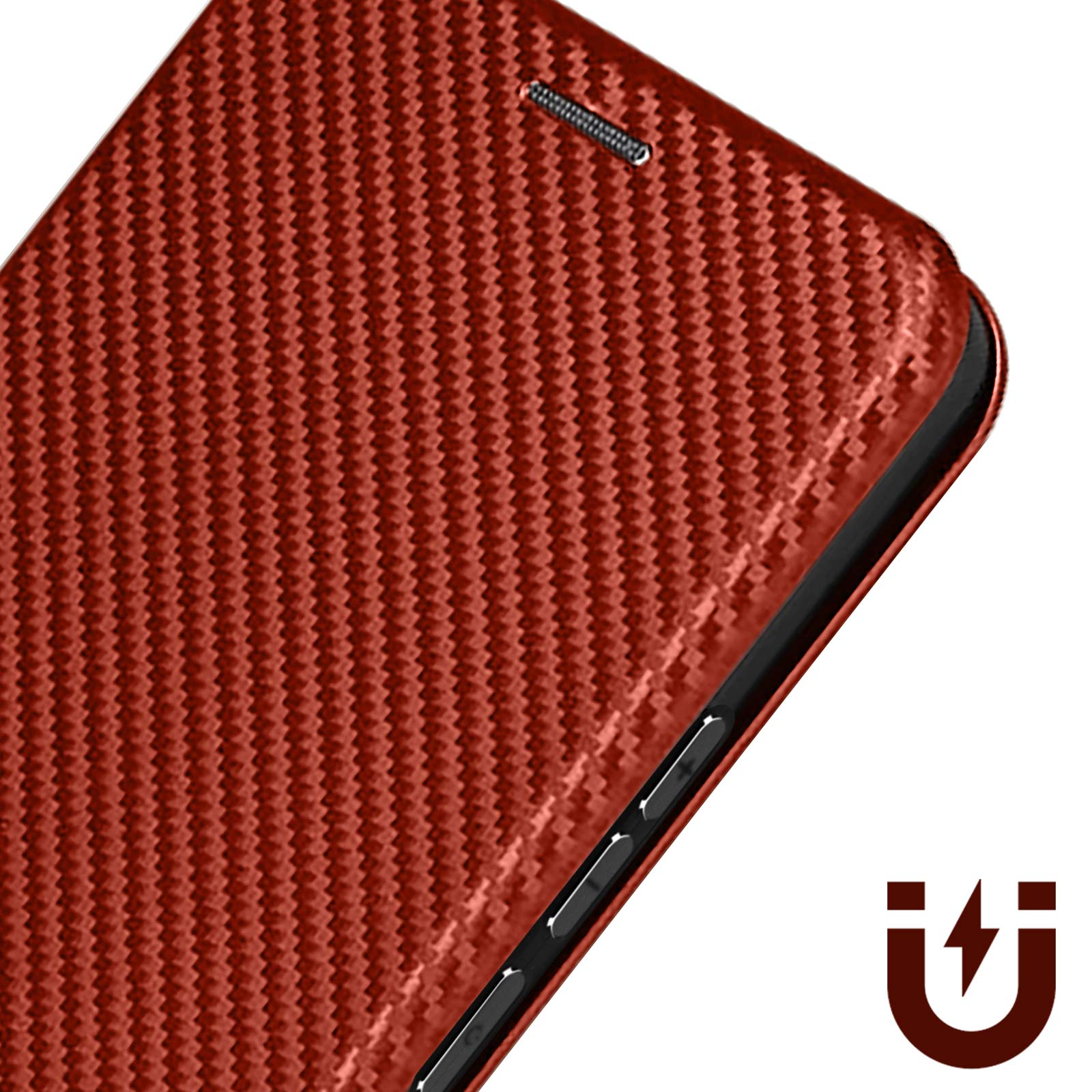 Primo piano di una custodia per telefono rossa strutturata con un simbolo di ricarica magnetica.