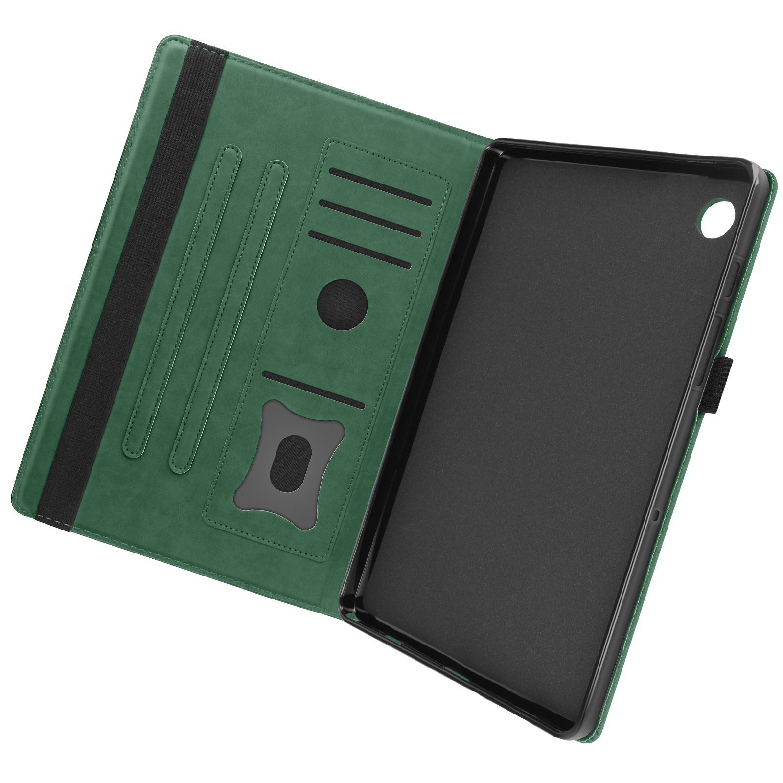 Custodia per tablet verde aperta, che mostra scomparti interni per carte e dispositivo.
