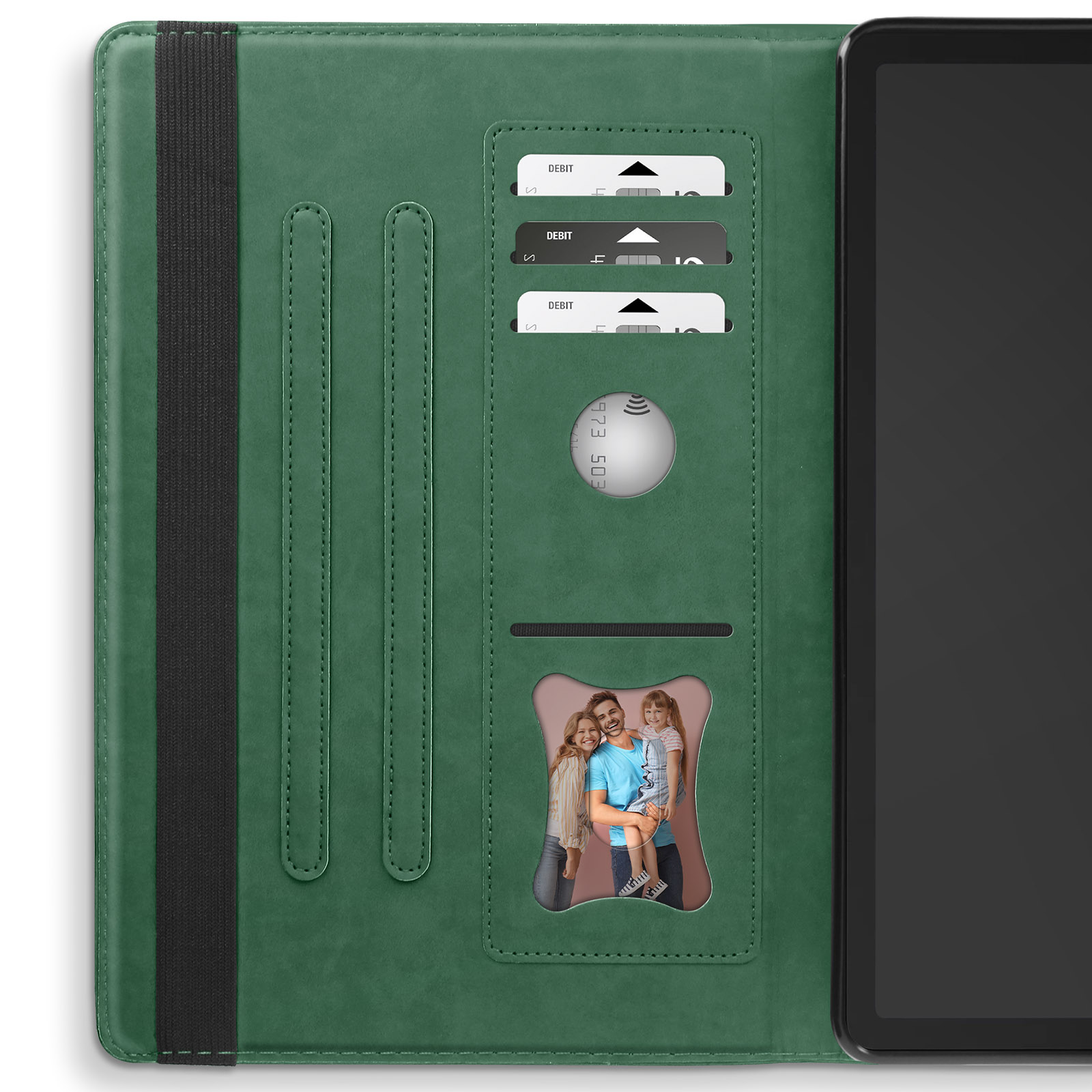 Custodia per tablet verde con scomparti per carte e foto di famiglia. Cornice nera.