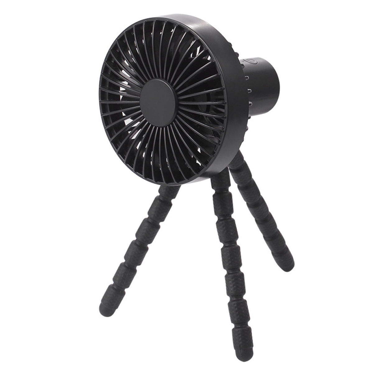 Schwarzer Ventilator mit Stativbeinen. Der Ventilator hat eine kreisförmige Form.