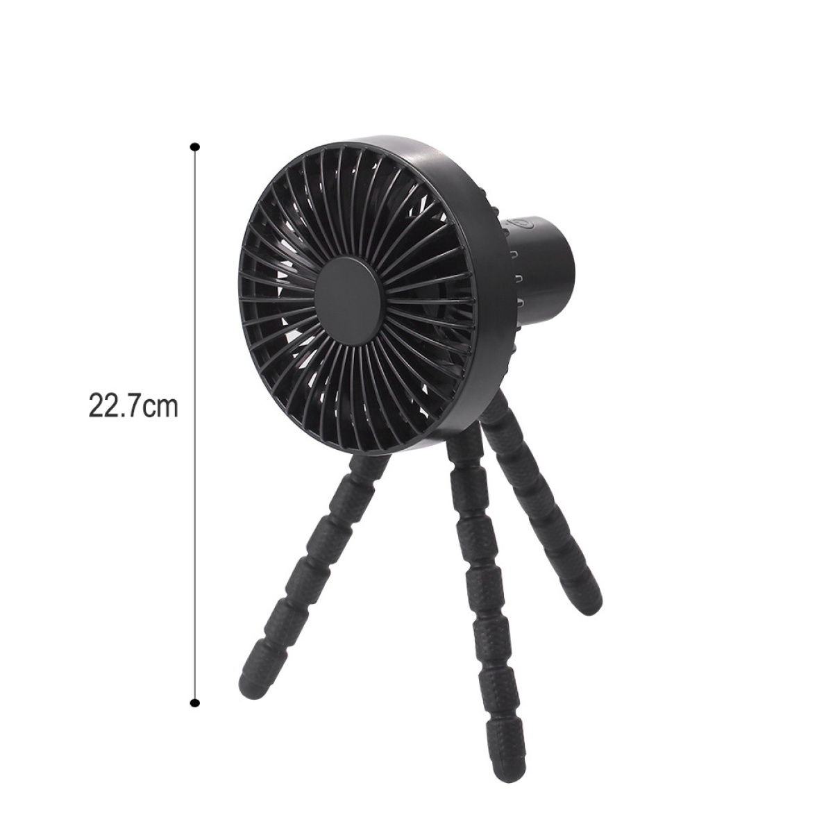 Schwarzer tragbarer Ventilator mit flexiblen Beinen, misst 22,7 cm.