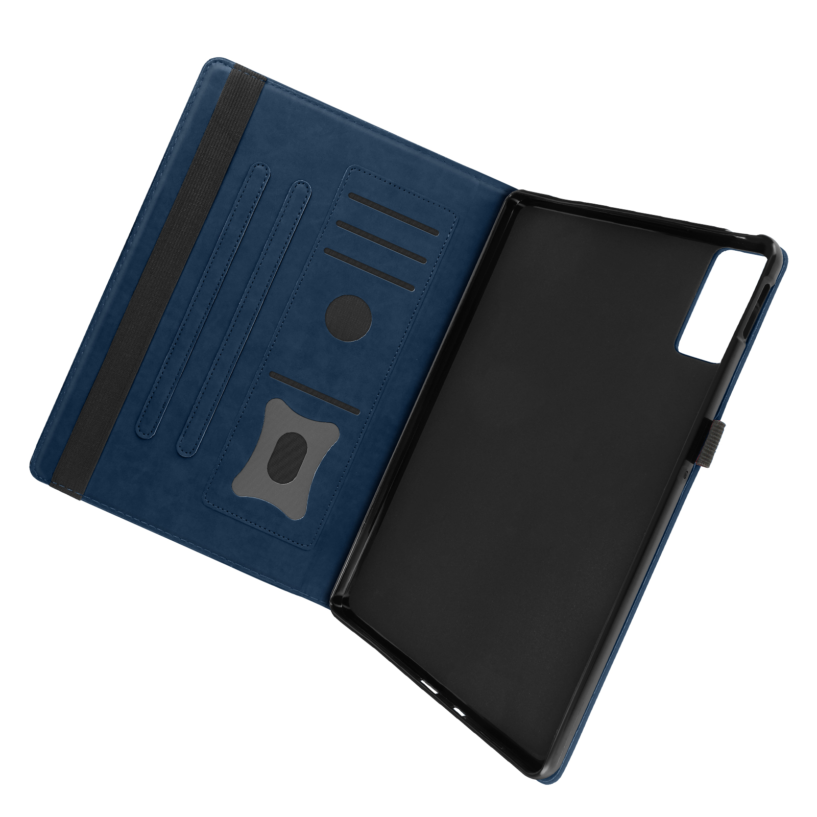 Custodia per tablet blu aperta, che mostra l'interno con fessure per carte e tablet nero.
