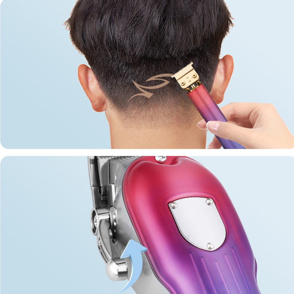 Haarschneider, der Haare schneidet, mit Nahaufnahme der Klinge, Schnitte zeigend.
