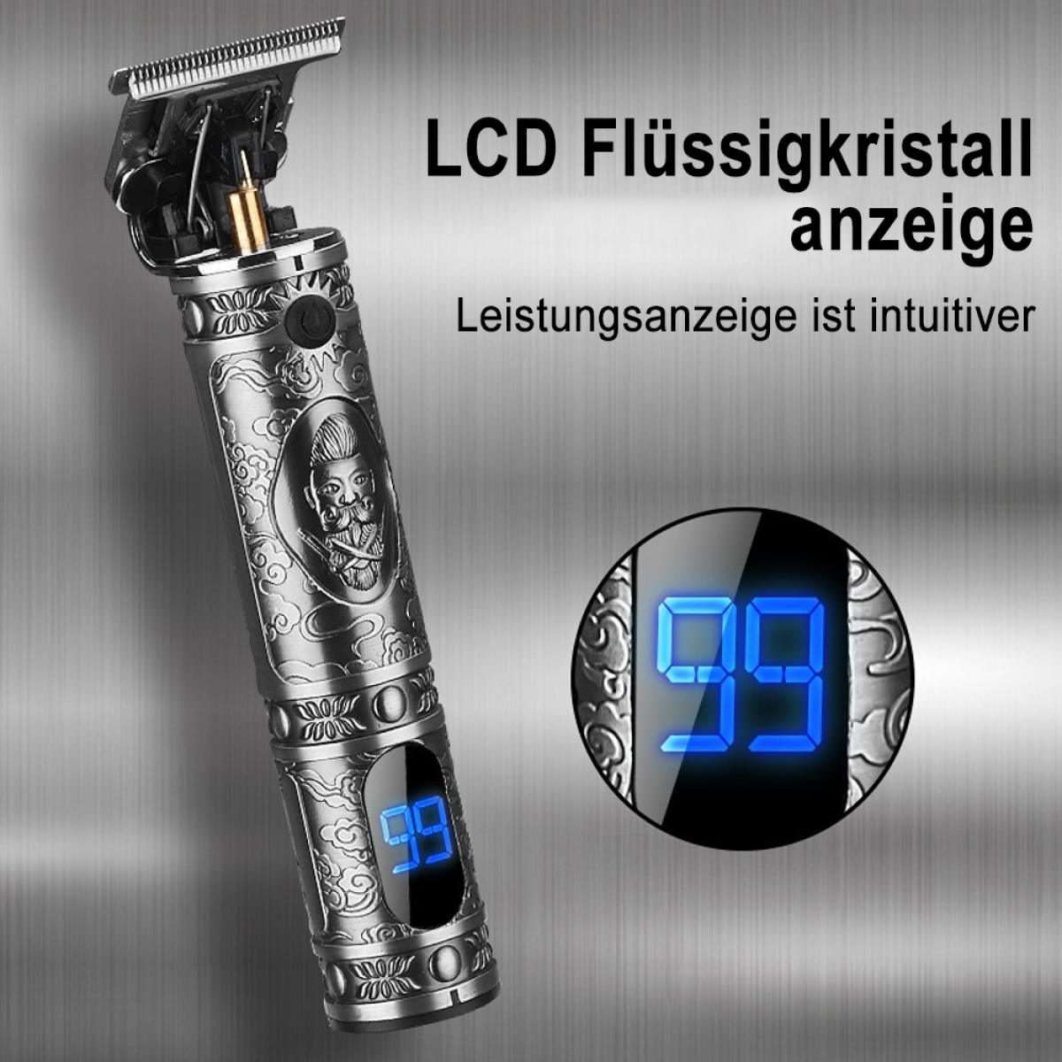 Ein metallfarbener Haarschneider mit digitaler Anzeige '99' auf metallischer Oberfläche.