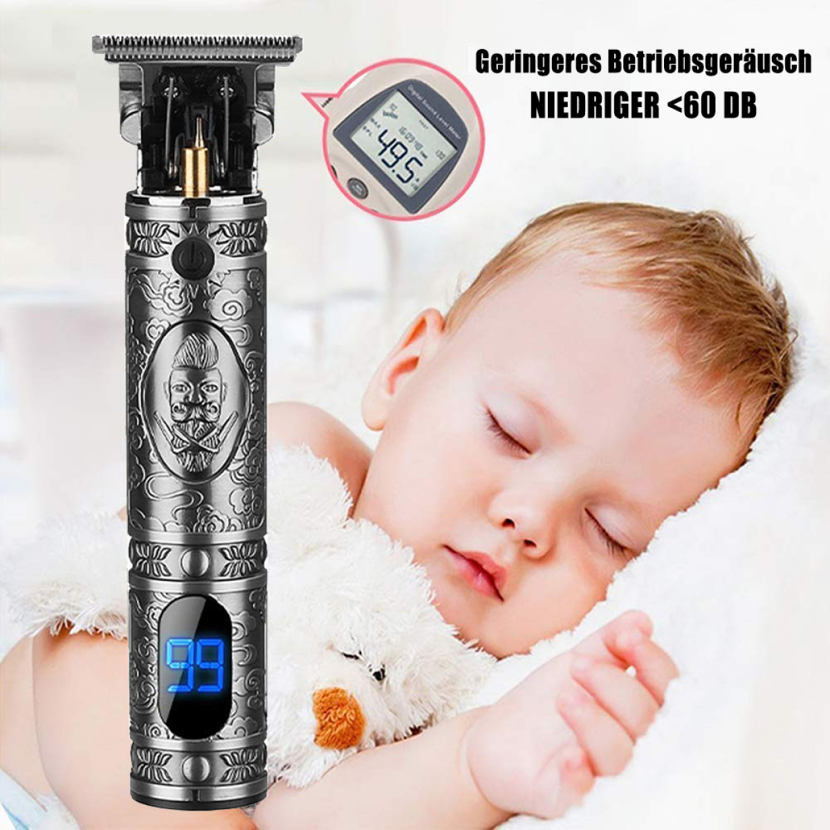 Ein Baby schläft neben einem Haarschneider mit Digitalanzeige.