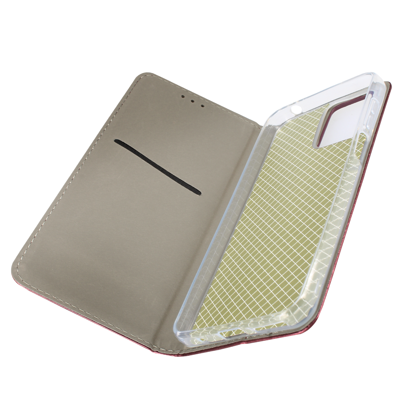 Eine offene Handyhülle, transparenter Telefonhalter mit rotem Rand. Die Innenseite hat ein gemustertes Gitter.