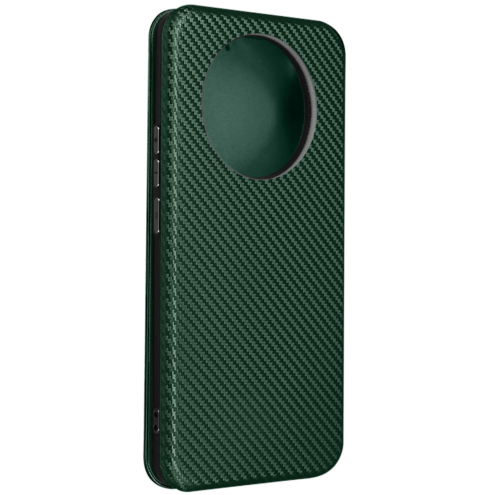 Custodia per telefono verde scuro con trama in fibra di carbonio e ritaglio circolare per fotocamera.