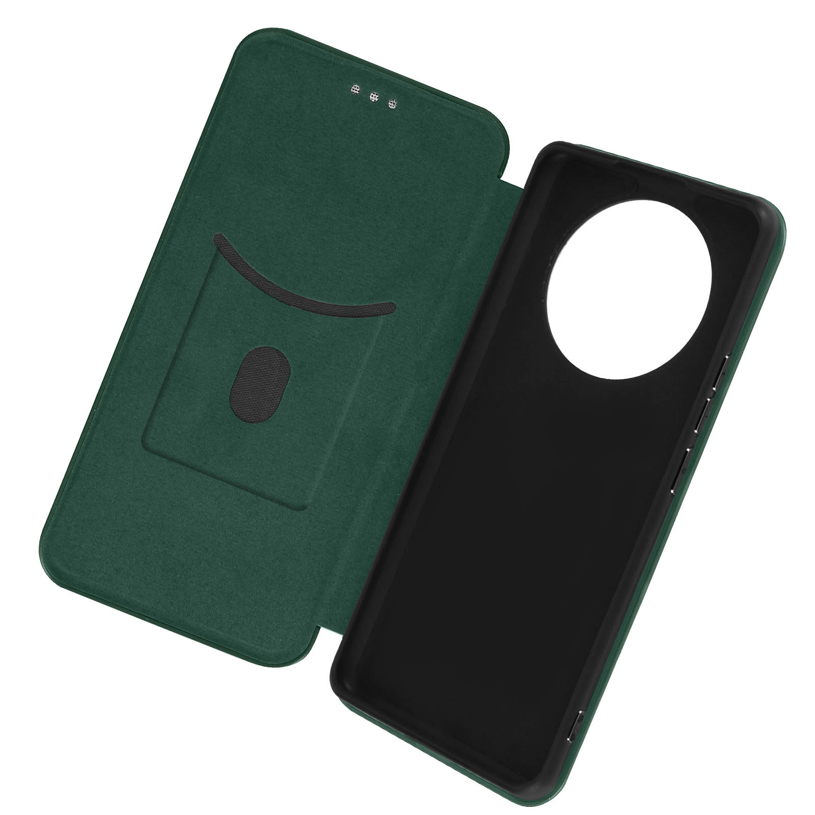 Custodia per telefono verde, aperta, con interno nero. La fotocamera del telefono è visibile.