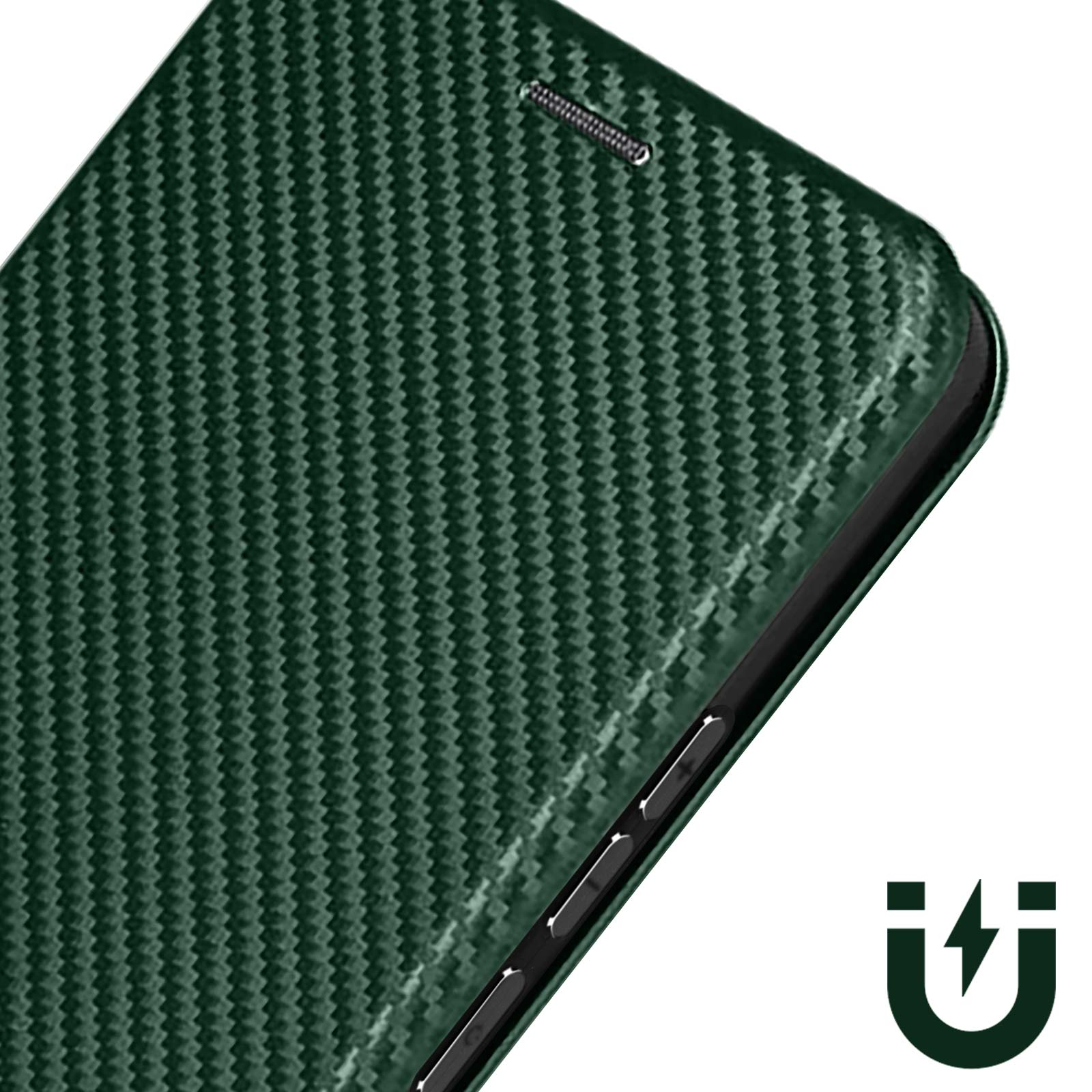 Custodia per telefono in fibra di carbonio verde. La custodia ha una superficie strutturata con pulsanti laterali.