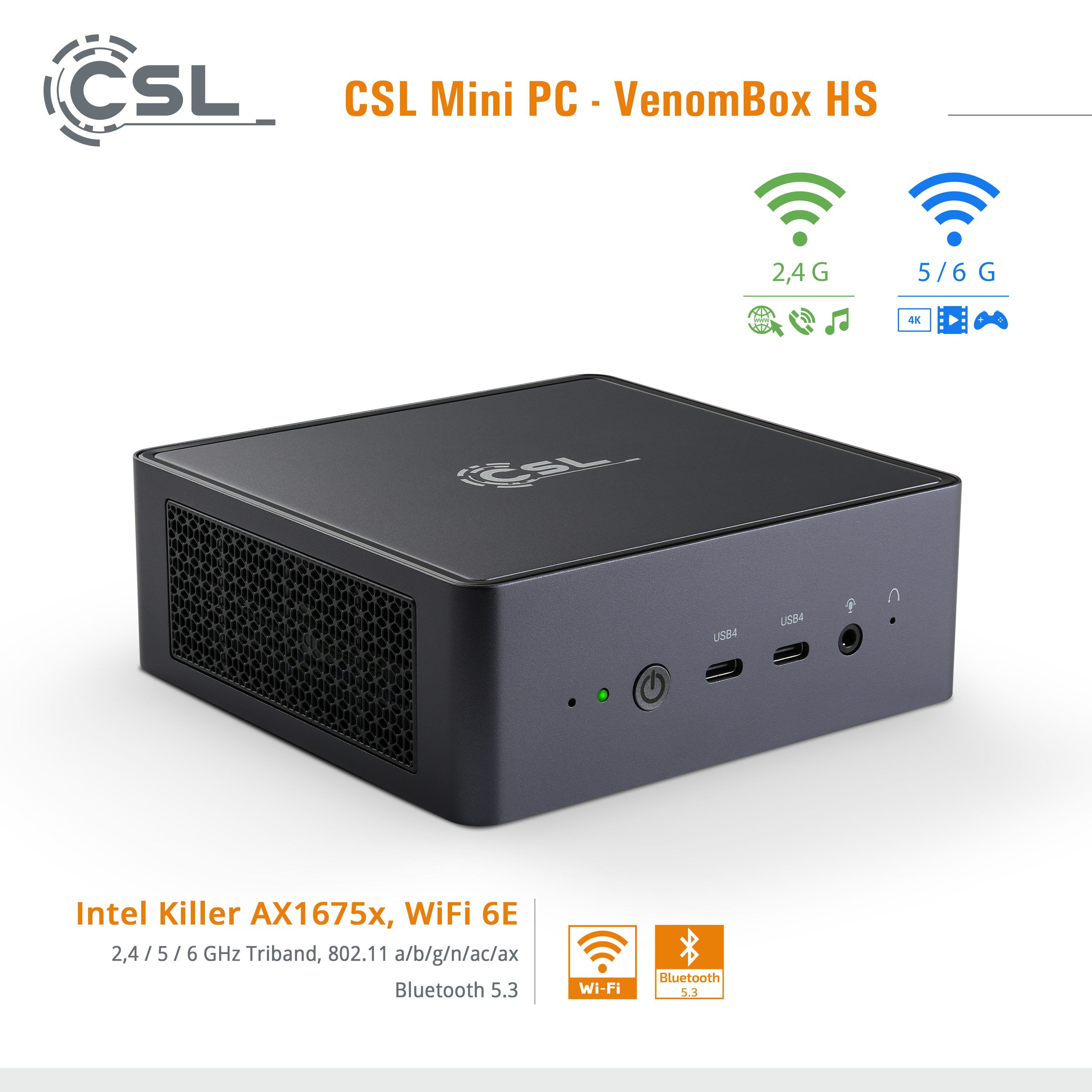 Ein schwarzer Mini-PC mit Beschriftungen für Anschlüsse und Konnektivitätssymbolen auf weißem Grund.