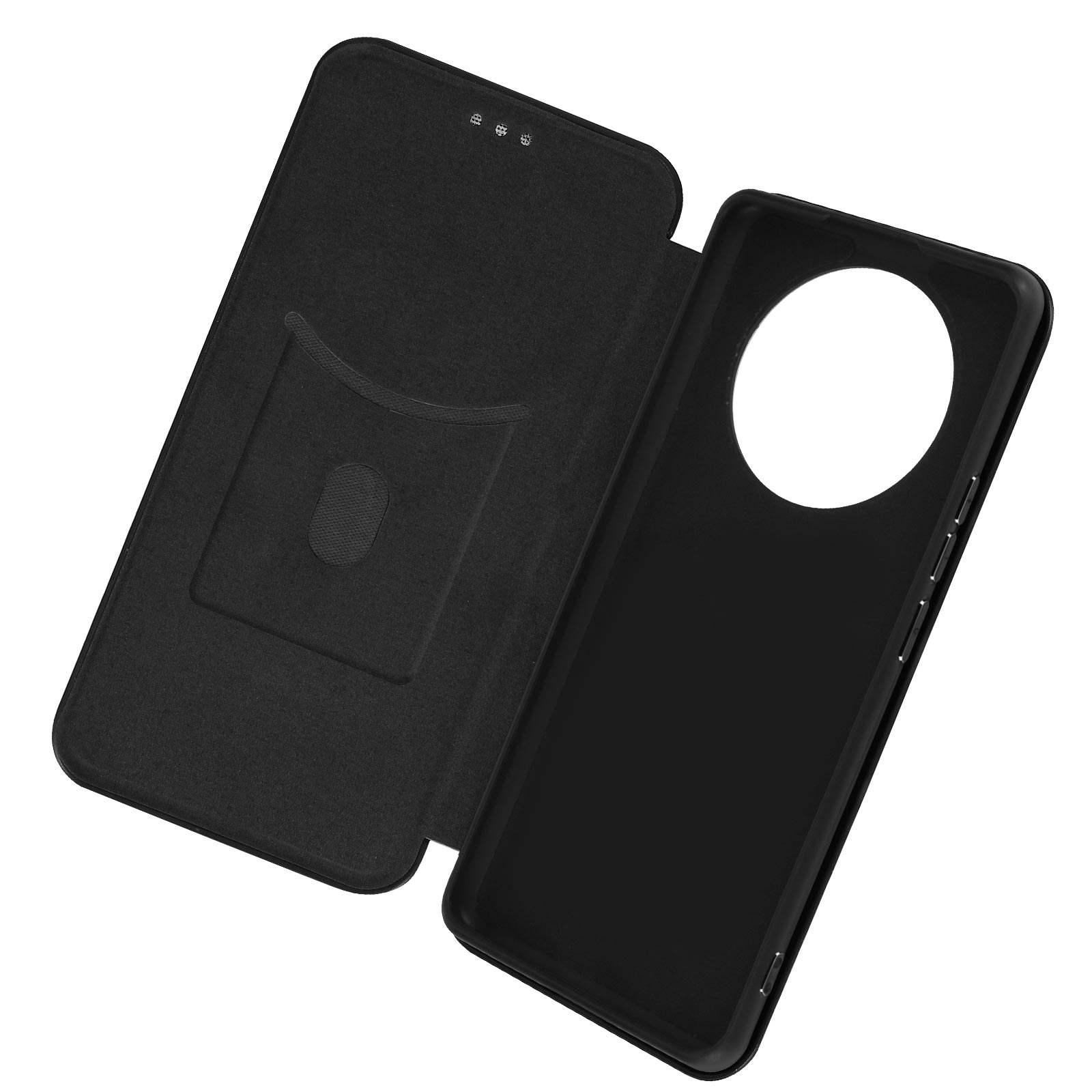Custodia per telefono nera, aperta, che mostra un interno a forma di telefono e una tasca per carte a sinistra.