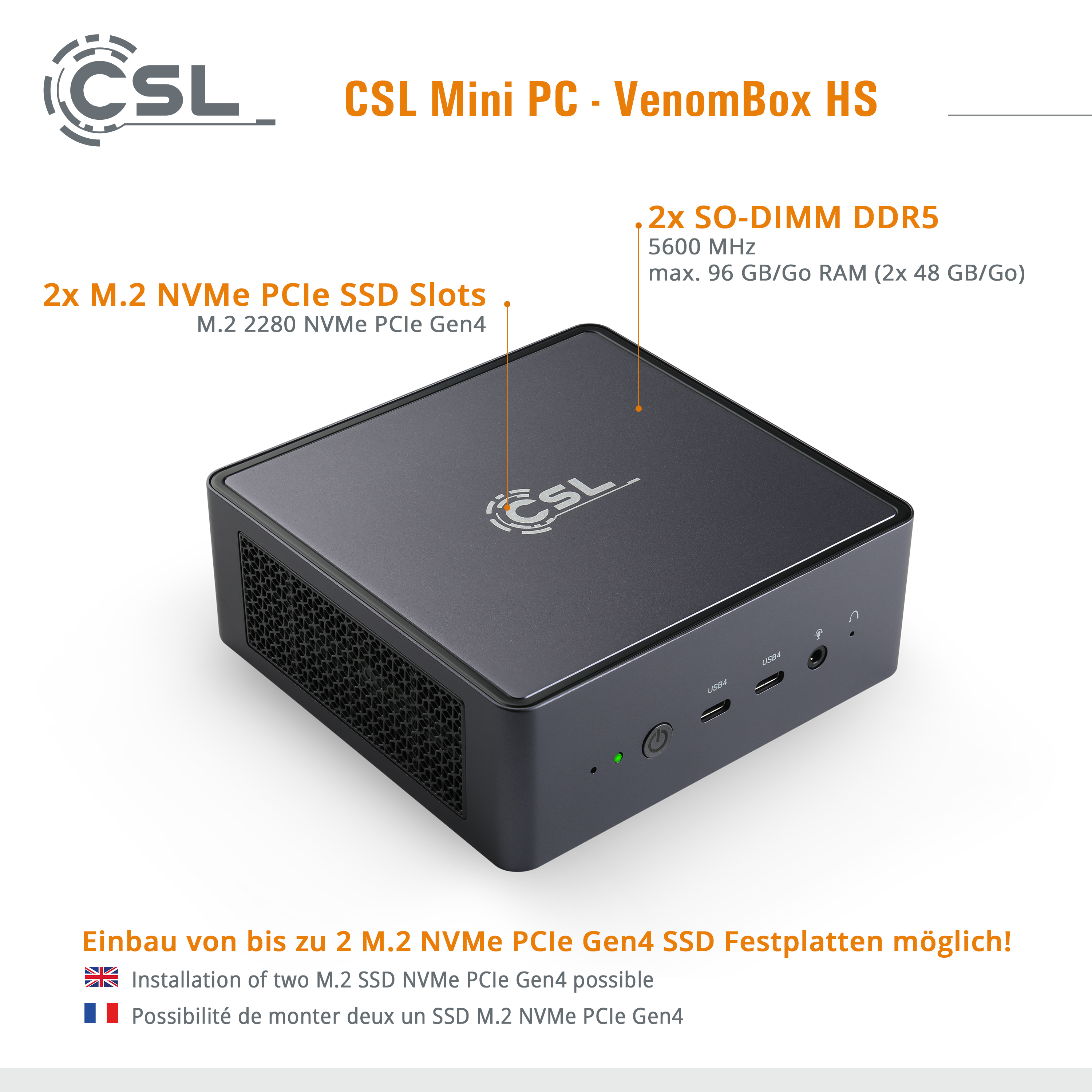 Schwarzer Mini-PC mit Text, zwei SSD-Steckplätzen und Logo auf weißem Grund.