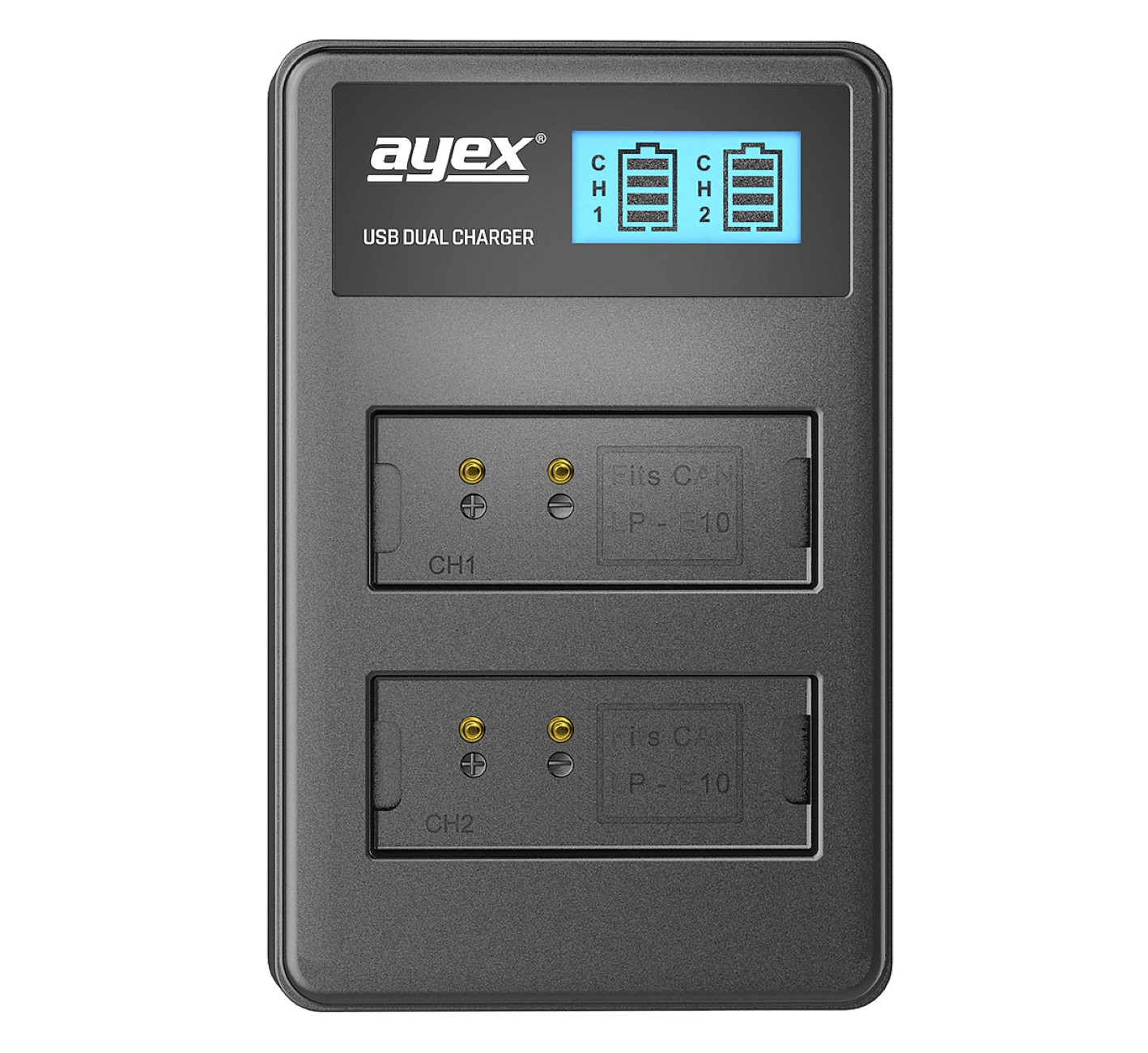 Schwarzes Dual-USB-Ladegerät. Zeigt Akkuladestand an. Zwei Ladeschlitze mit Beschriftungen.