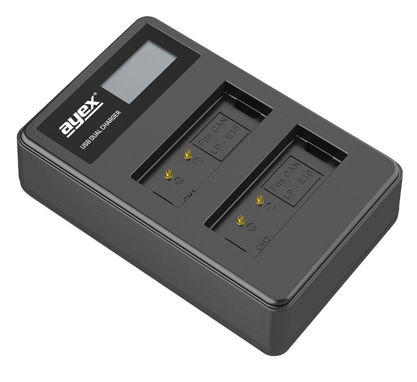 Schwarzes ayex Dual-Ladegerät. Zwei Schlitze mit Goldkontakten. Digitales Display oben.