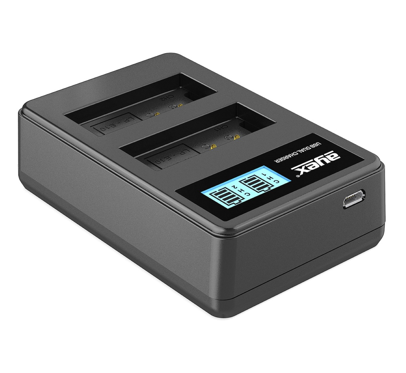 Schwarzes Dual-Akkuladegerät mit Digitalanzeige, die Akkuladestände und USB-Anschluss anzeigt.