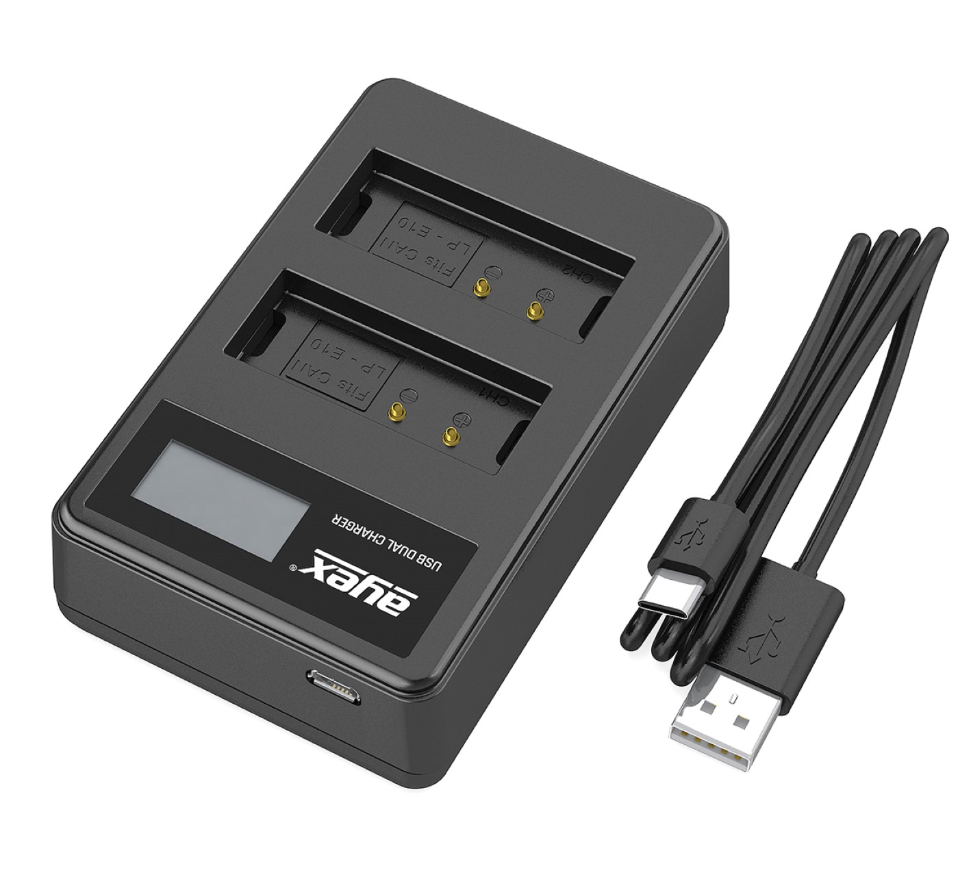 Schwarzes Dual-Batterieladegerät mit USB-Kabel. Display und Ladeschlitze sichtbar.