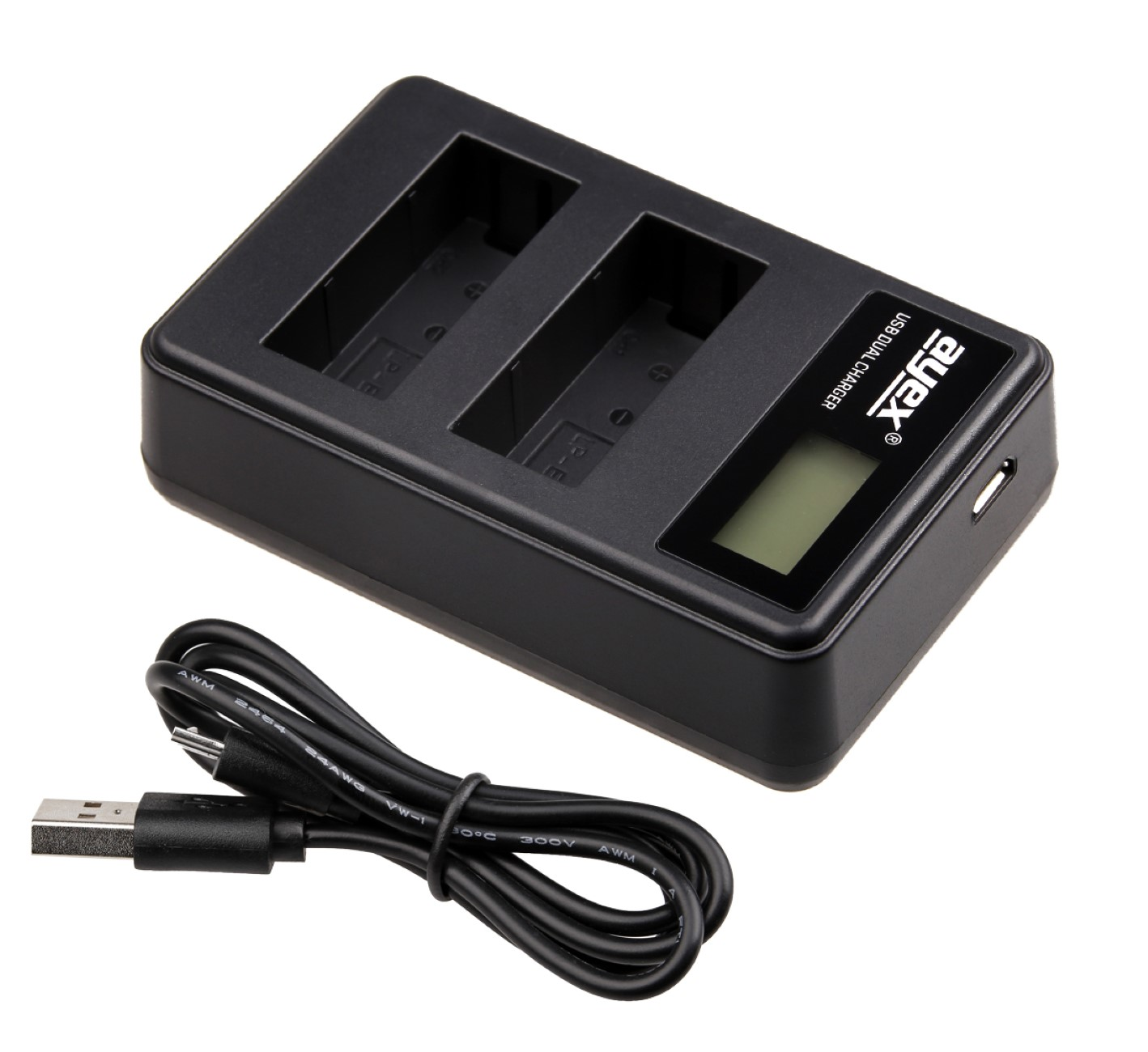 Schwarzes USB-Doppelladegerät für Batterien. Mit zwei Steckplätzen, Display und USB-Kabel. Isoliert auf Weiß.