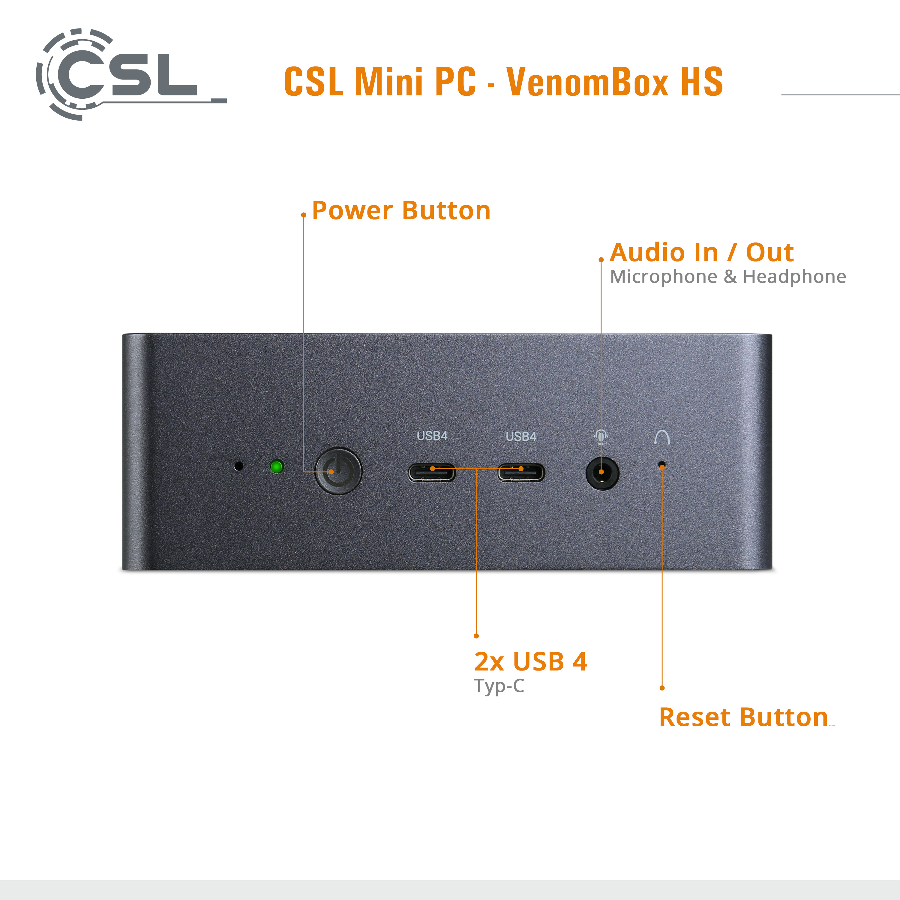 CSL Mini-PC mit Strom-, USB- und Audioanschlüssen.