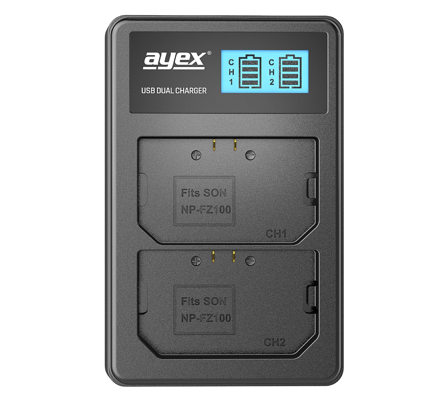 Schwarzes Dual-USB-Ladegerät mit LCD-Anzeige, die den Batterieladezustand zeigt.