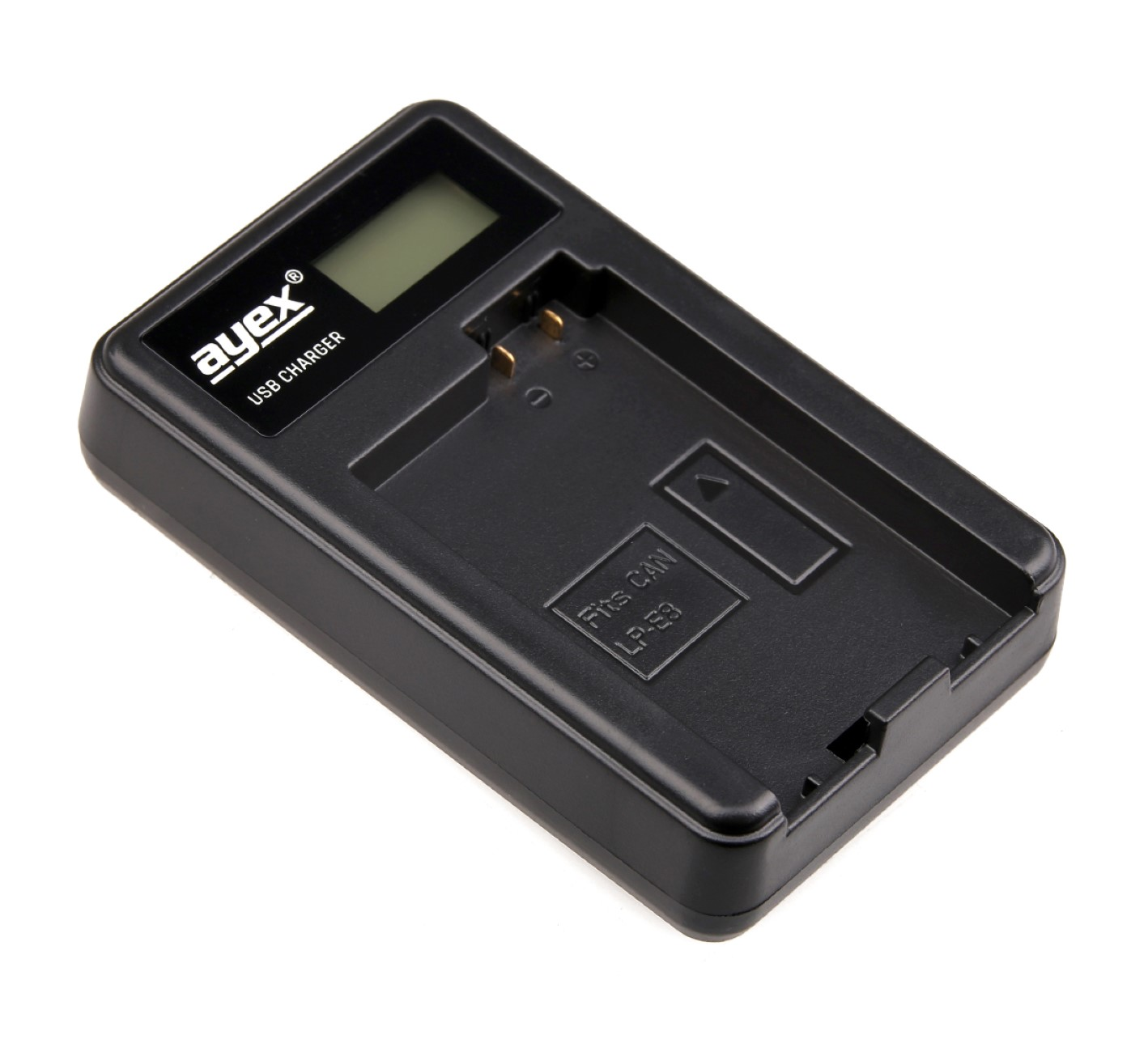 Schwarzes USB-Ladegerät mit kleinem Display und der Marke "ayex".