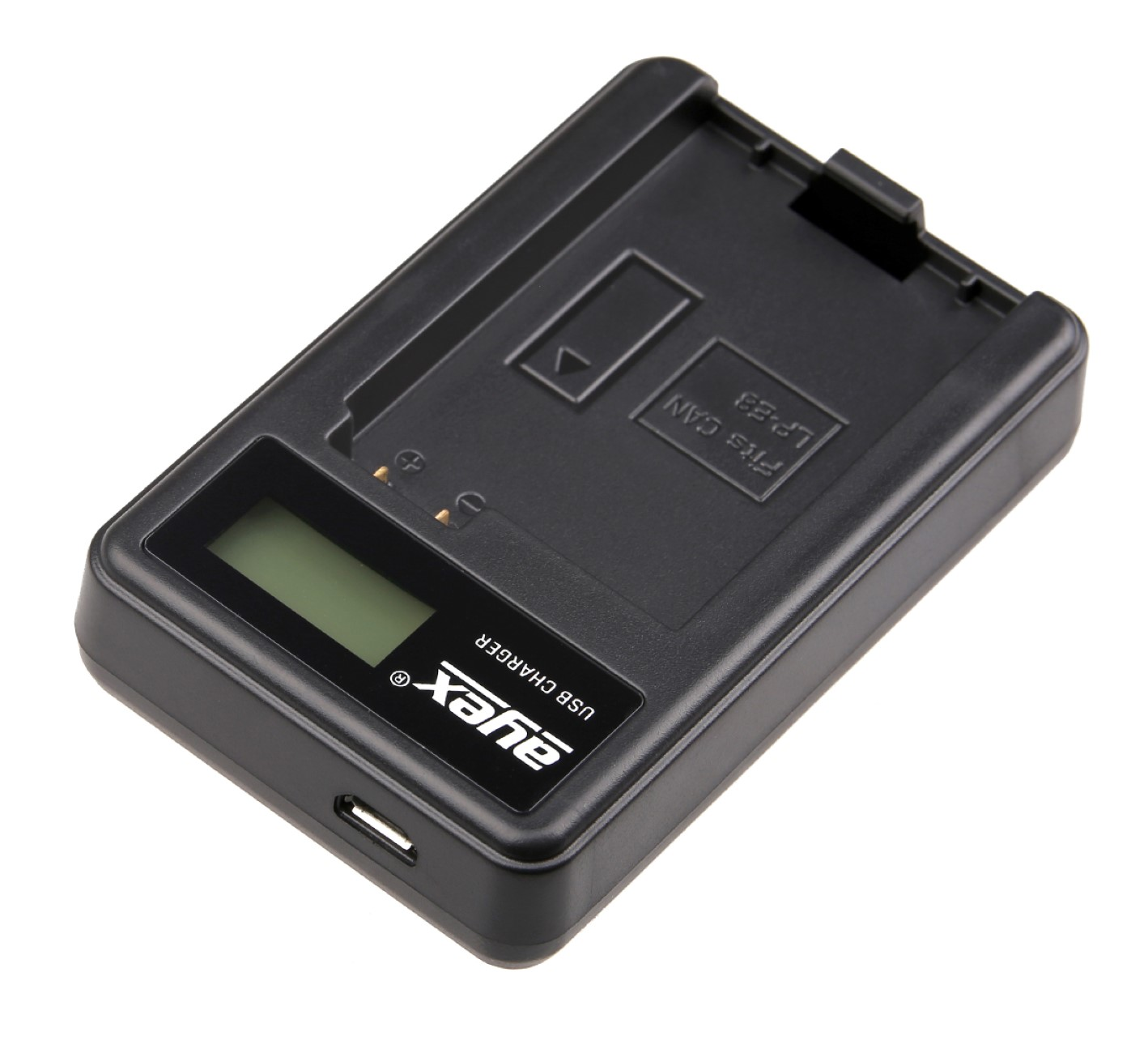 Schwarzes USB-Kamera-Akkuladegerät. Es hat ein kleines Display und den Markennamen.