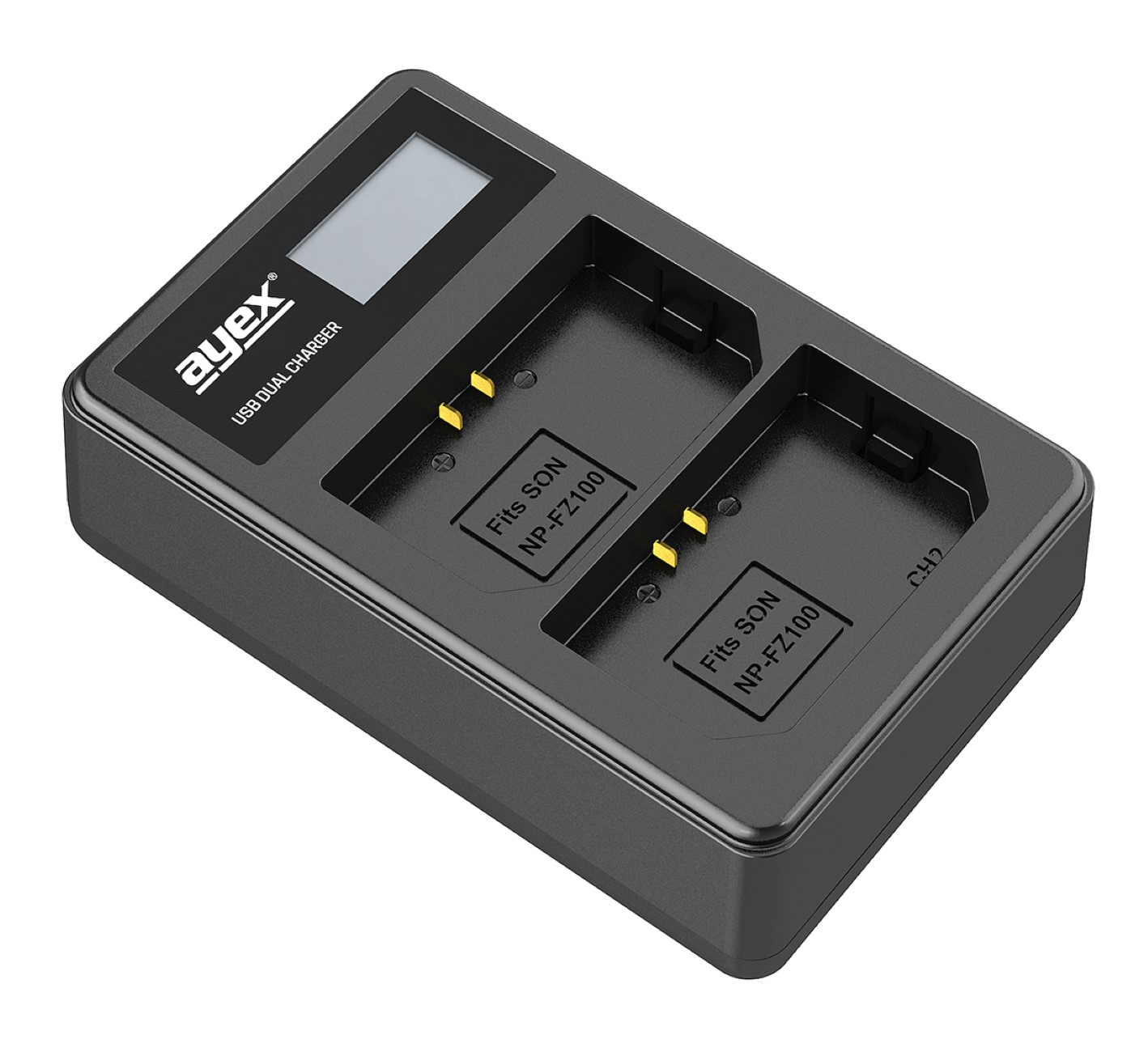 Schwarzes Dual-USB-Ladegerät für Sony NP-FZ100 Batterien. Zwei Schlitze und ein Display.