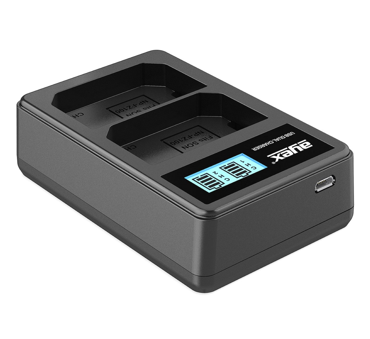 Ein schwarzes Dual-USB-Ladegerät mit einem Bildschirm, der den Ladevorgang anzeigt.