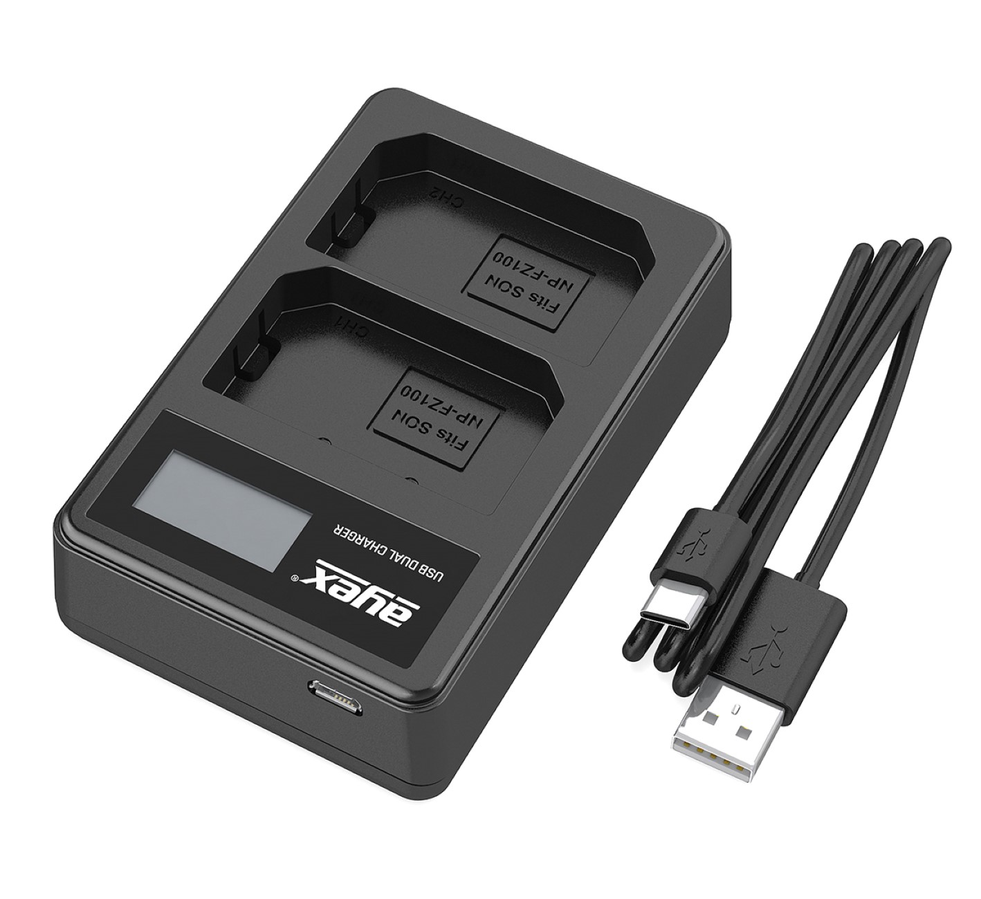 Schwarzes Dual-USB-Ladegerät für Akkus, mit einem USB- und einem USB-C-Kabel.