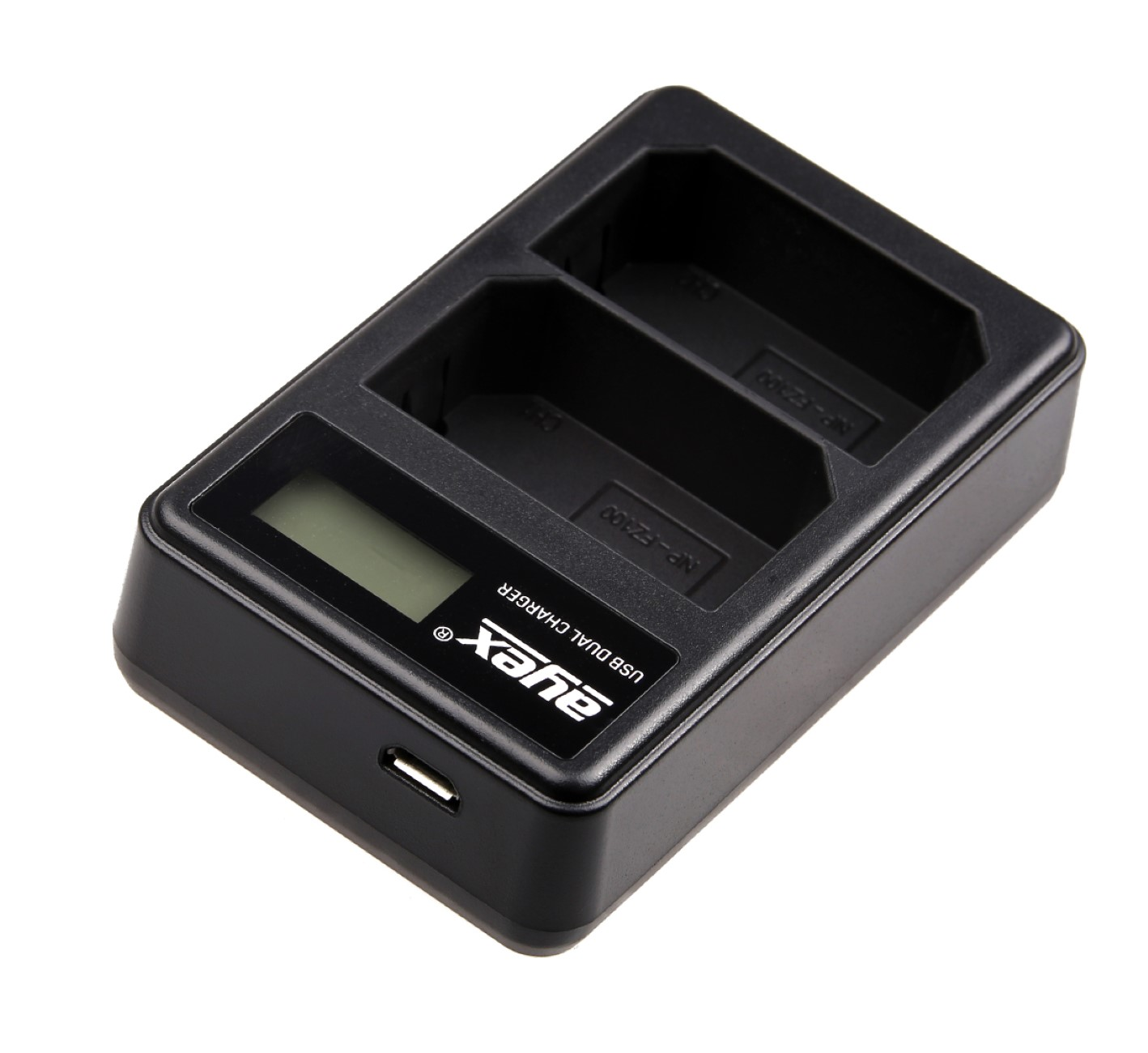Schwarzes Dual-USB-Kamera-Akkuladegerät mit kleinem Bildschirm auf weißem Hintergrund.
