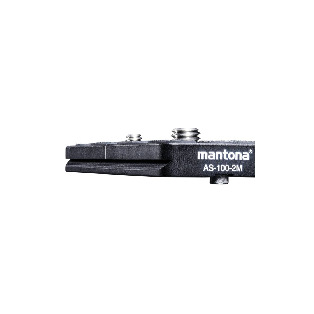 Placa metálica negra con dos tornillos y la marca Mantona AS-100-2M.