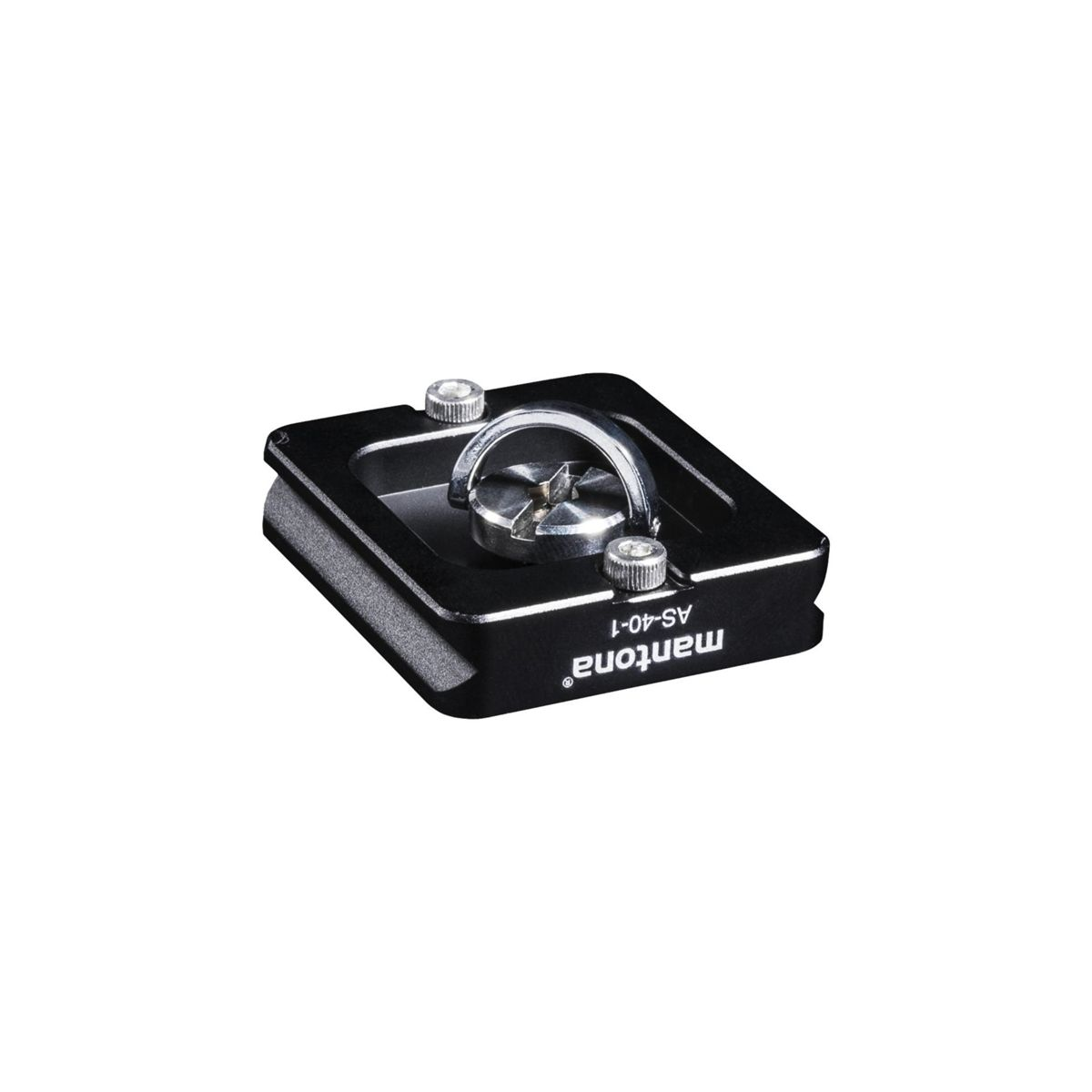 Eine schwarze Schnellwechselplatte mit Ring für ein Stativ, mit dem Markennamen mantona.
